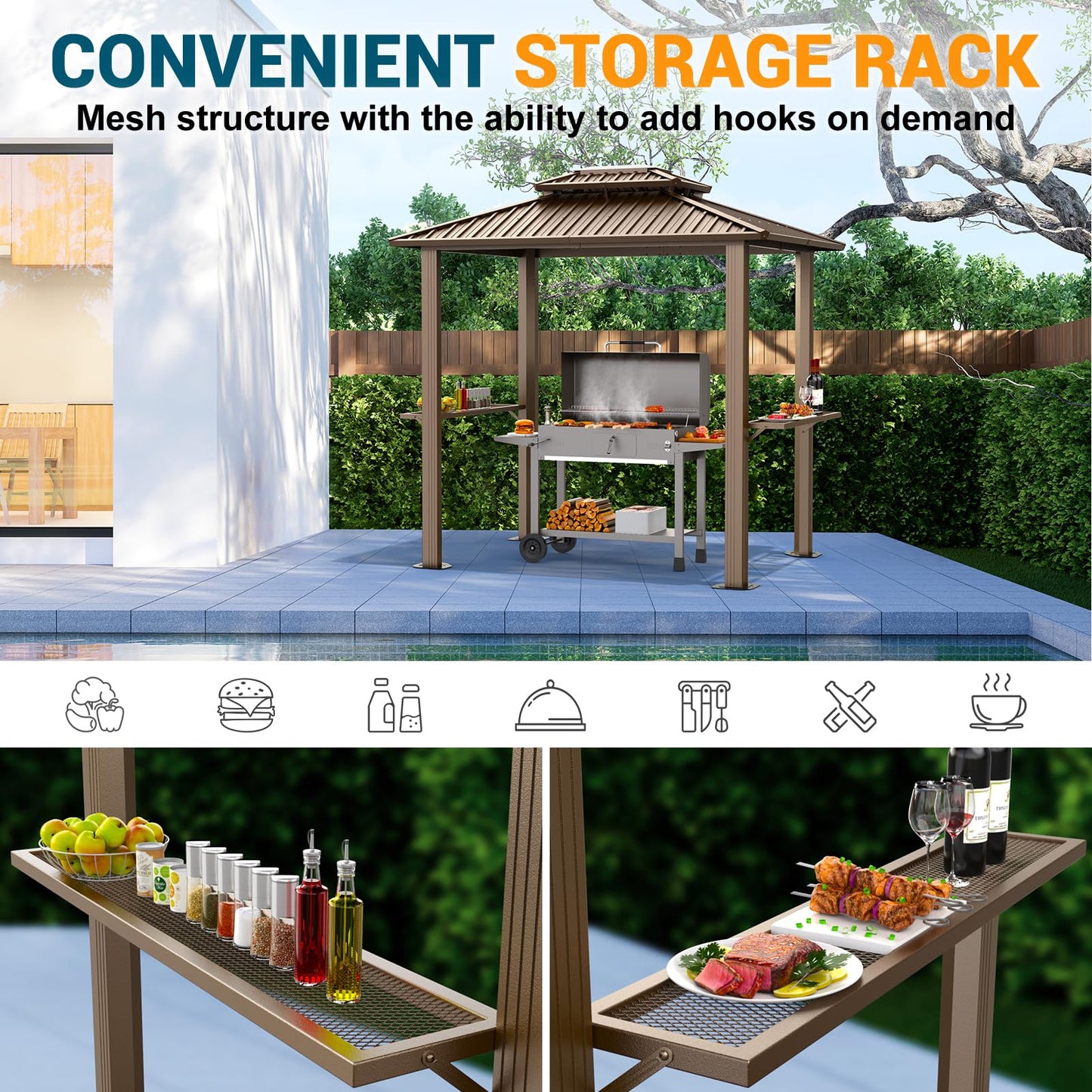 Hoteel 6x8 Hardtop Grill Gazebo, Outdoor Patio BBQ Gazebo with Galvanized Steel Double Roof, Hardtop Barbecue Canopy with 2 Side Shelves for Deck Lawn Backyard Garden,Brown