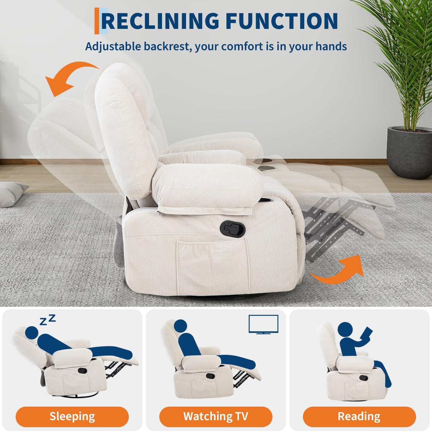 GarveeHome Oversized Wide Recliner Chair-Heat and Vibration Massage, 360° Swivel Rocker Chair for Adults,Chenille Fabric Manual Recliner with Cup Holders & Side Pocket for Living Room, Bedroom,White
