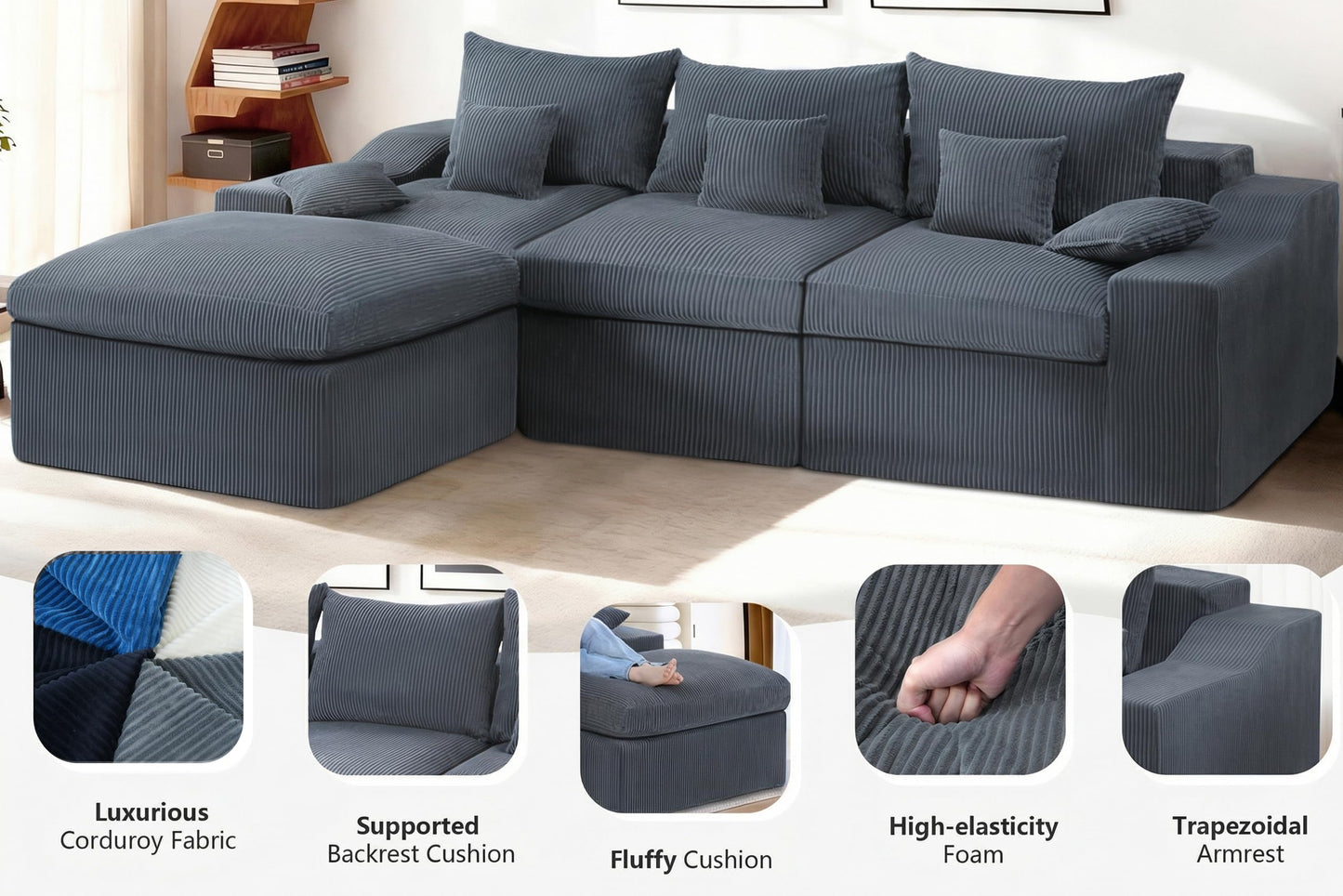 HABUTWAY 104" L Shaped Cloud Sectional Couch, Boneless Modular Sectional Sofa with Deep Seat, Corduroy Couches for Living Room, Modular Couch, No Assembly Required (Grey)