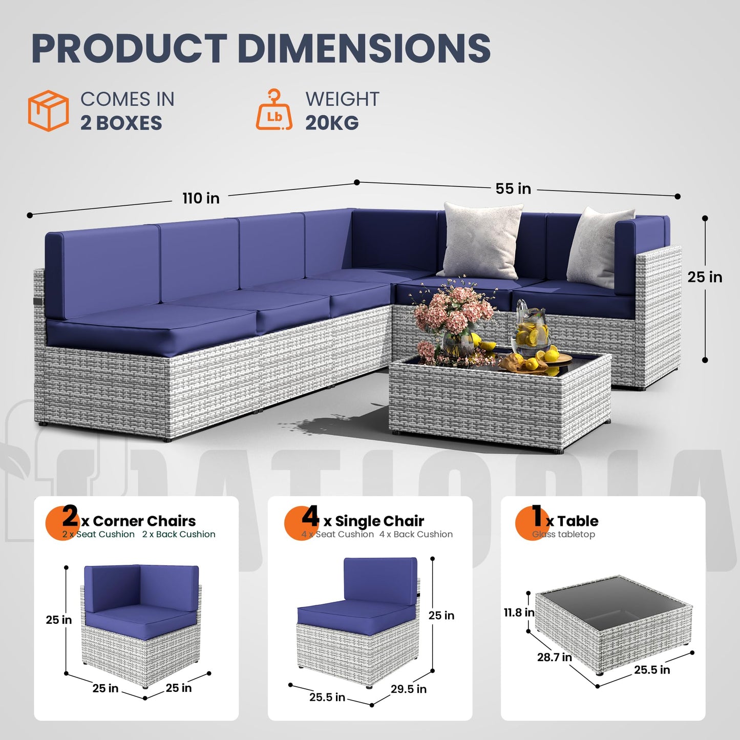 Pamapic 7 Piece Outdoor Sectional Sofa Set, All-Weather Patio Furniture with Washable Cushions, Waterproof Gray Rattan Wicker Conversation Set for Backyard, Poolside, Garden (Navy Blue Cushions)
