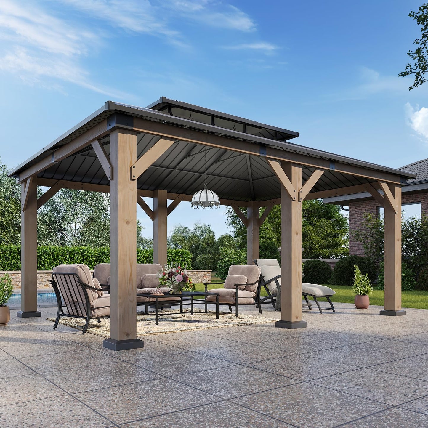 Aoxun 12' x 20' Outdoor Wood Gazebo, Hardtop Gazebo Permanent Wooden Pavilion with Galvanized Steel Double Roof, for Patio, Garden, Yard, Cedar Wood, Grey