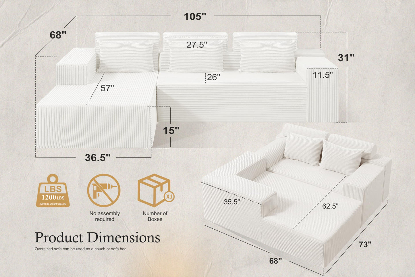 HABUTWAY Sectional Couches for Living Room,No Assembly L Shaped Couch 105" Modular Sectional Sofa Couch with Deep Seat,Cloud Couches Furniture Sets for Apartment,Corduroy (Beige, Left Facing)