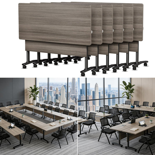 Folding Conference Room Table with Wheels, 6ft Modular Large Mobile Modern Conference Tables Office Meeting Training Table for Classroom(6, Gray, D 55")