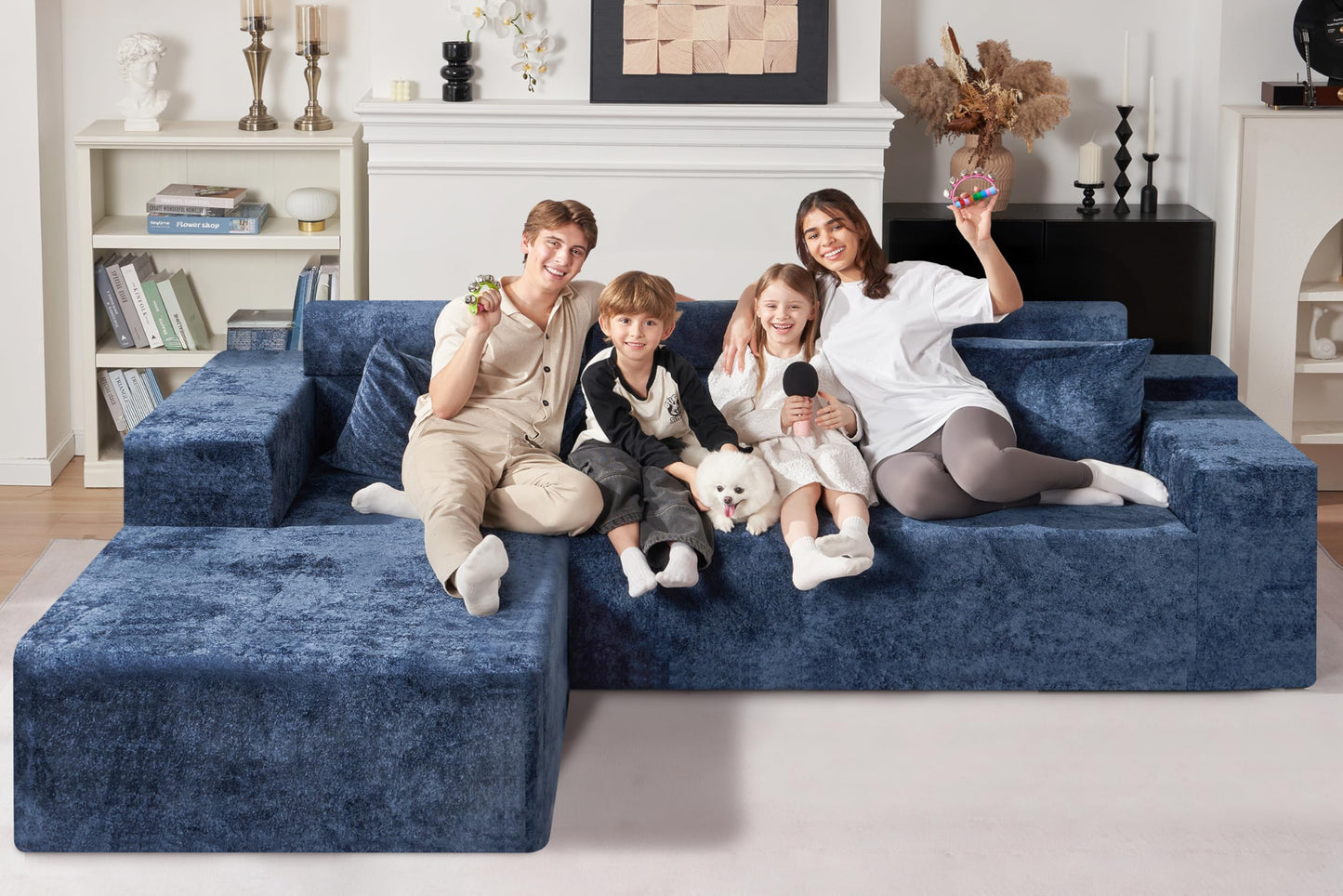 HABUTWAY 105" L-Shape Modular Sectional Sofa Couch for Living Room,No Assembly Required,Modular Comfy Sofa with Deep Seat for Living Room Bedroom,Luxury Distressed Velvet(Left,Blue)
