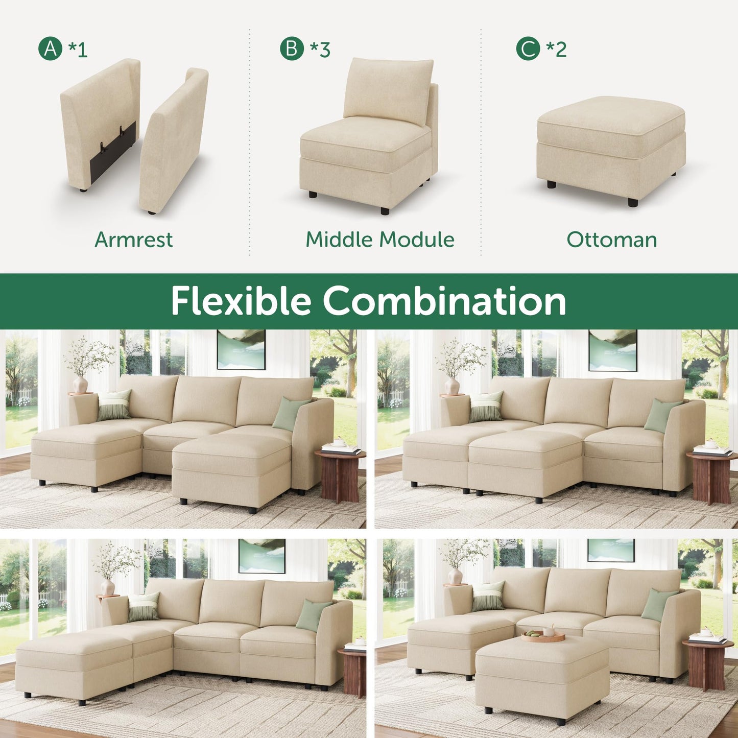 HONBAY Modular Sectional Sofa with Storage U Shaped Sectional Sofa, Convertible Couches for Living Room - Beige