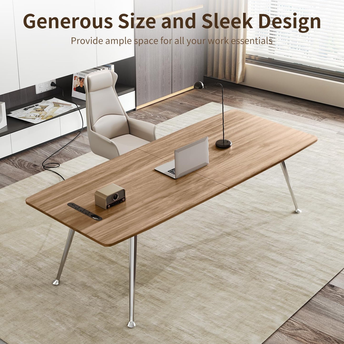 MesaSync 60-Inch Executive Desk, Wooden Office Computer Desk with USB Ports, Large Modern Writing Table, Workstation Business Furniture Minimalist Style for Home Office (Light Brown, 60 Inch)