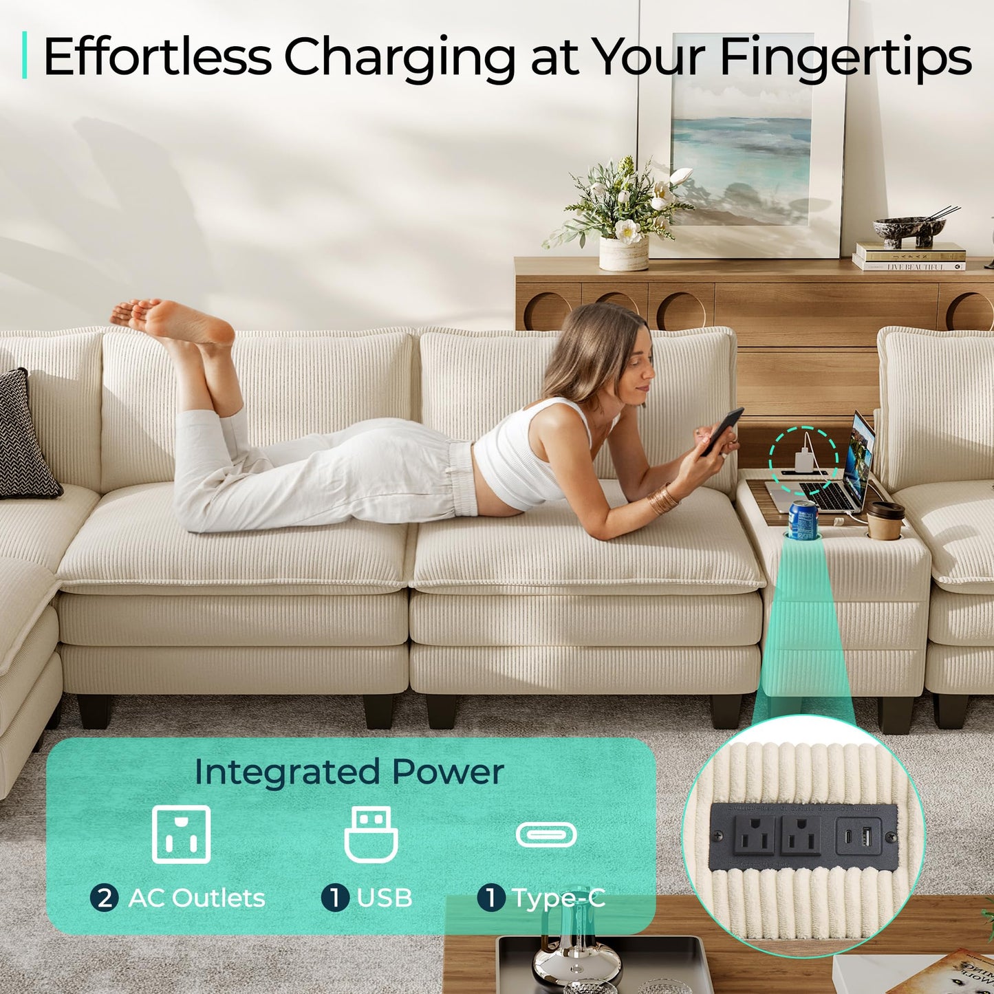 LINSY HOME Modular Sectional Sofa for Living Room, Corduroy Cloud Couch with Storage Console, USB Charging, Cup Holders, Comfy Modern Modular Cloud Couches with Movable Ottoman (Beige)