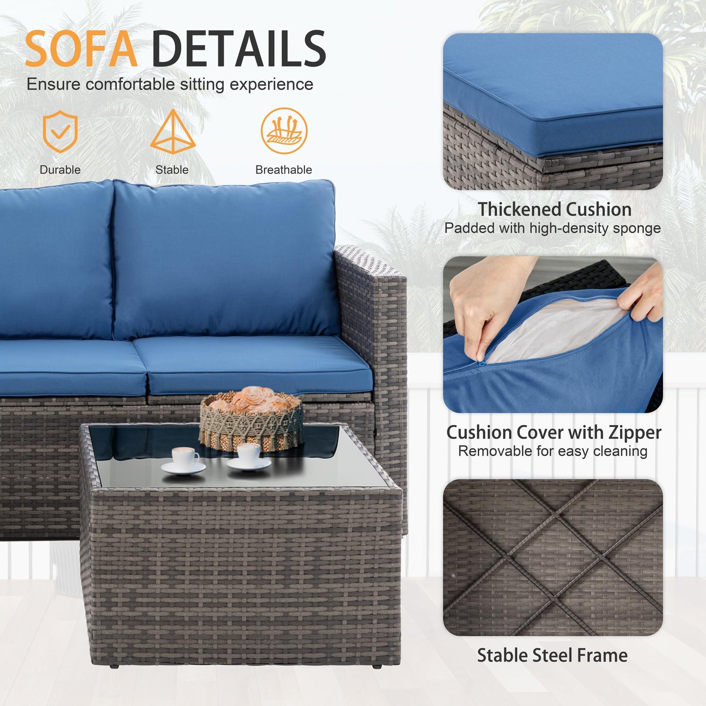 Shintenchi 4 Pieces Patio Furniture Sets, Outdoor Sofa Patio Sectional Sets All Weather, 2-in-1 Wicker Rattan Seating Sofa Couch with Cushions & Coffee Table for Yard, Garden, Porch, Poolside (Blue)