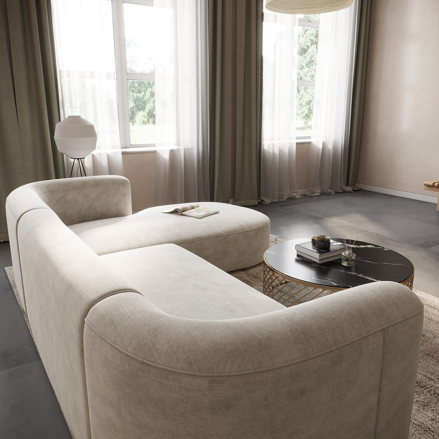 Acanva Luxury Modern Tight Curved Back Velvet Sofa, Minimalist Style Comfy Couch for Living Room Apartment, L-Shape Right Chaise, Cream