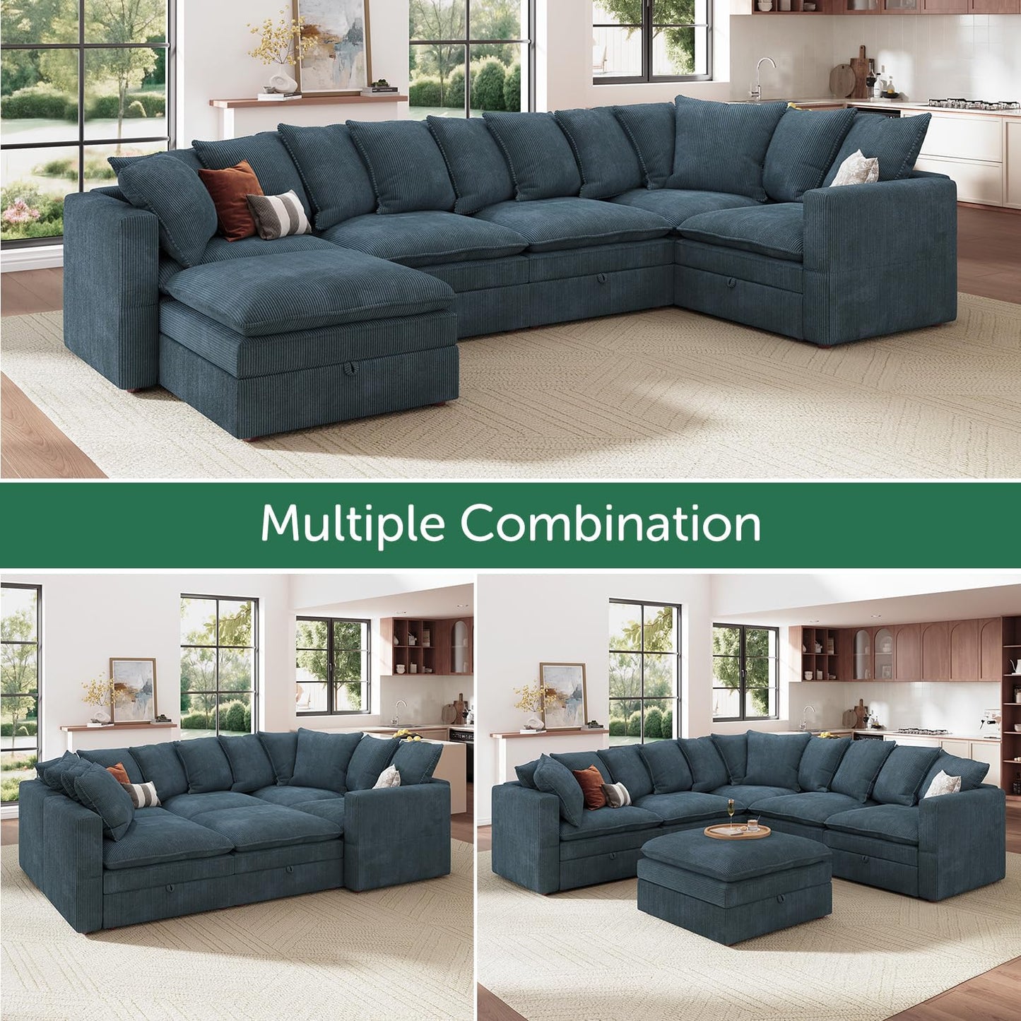 HONBAY Modular Sectional Sofa, 6 Seaters Corduroy Sectional Couchwith Ottoman, L Shaped Sofa with Storage & Pillows, Blue