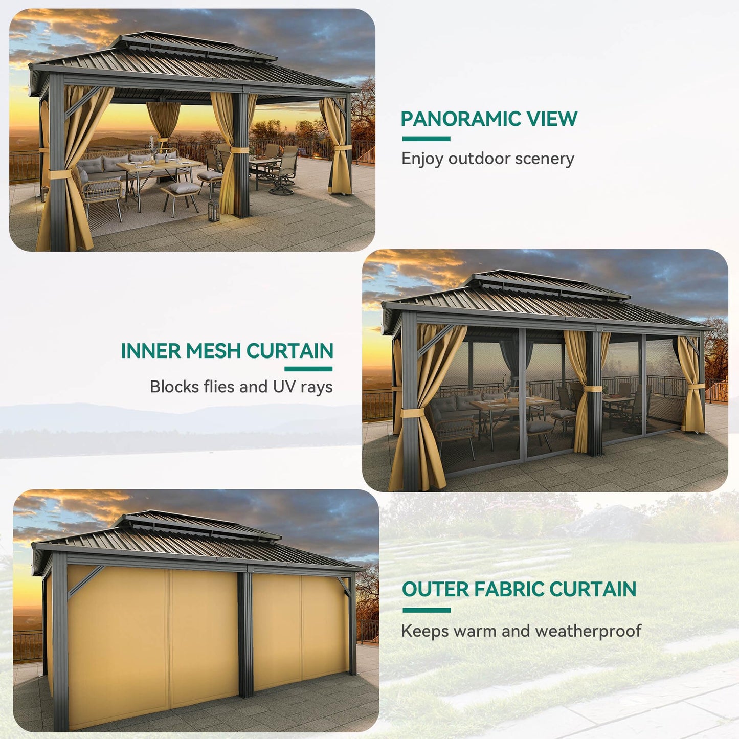 YITAHOME 12X18FT Meatl Hardtop Gazebo Metal Double Roof Canopy Galvanized Iron Aluminum Pillar Garden Tent Curtains Netting for Patios Backyards Decks Lawns