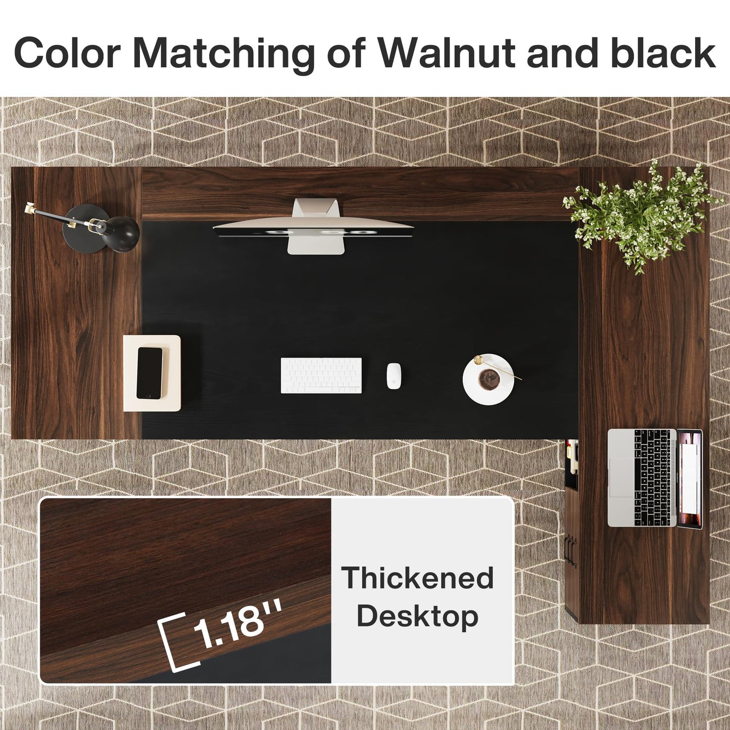Tribesigns 78" L-Shaped Executive Desk, Large Office Desk with Drawers and File Cabinet, Modern Business Furniture for Home Office (Walnut & Black)