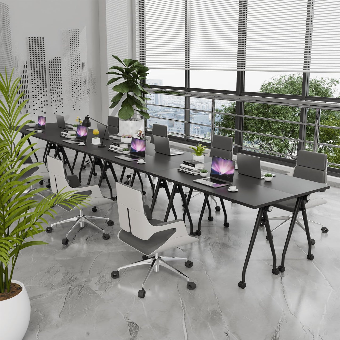 Conference Table with Wheels, Folding Conference Table with Knob & 4 Brake Casters, Modular Flip Top Mobile Conference Room Table for Office, Meeting, Training Room, Class (6, Black, 55.1in)