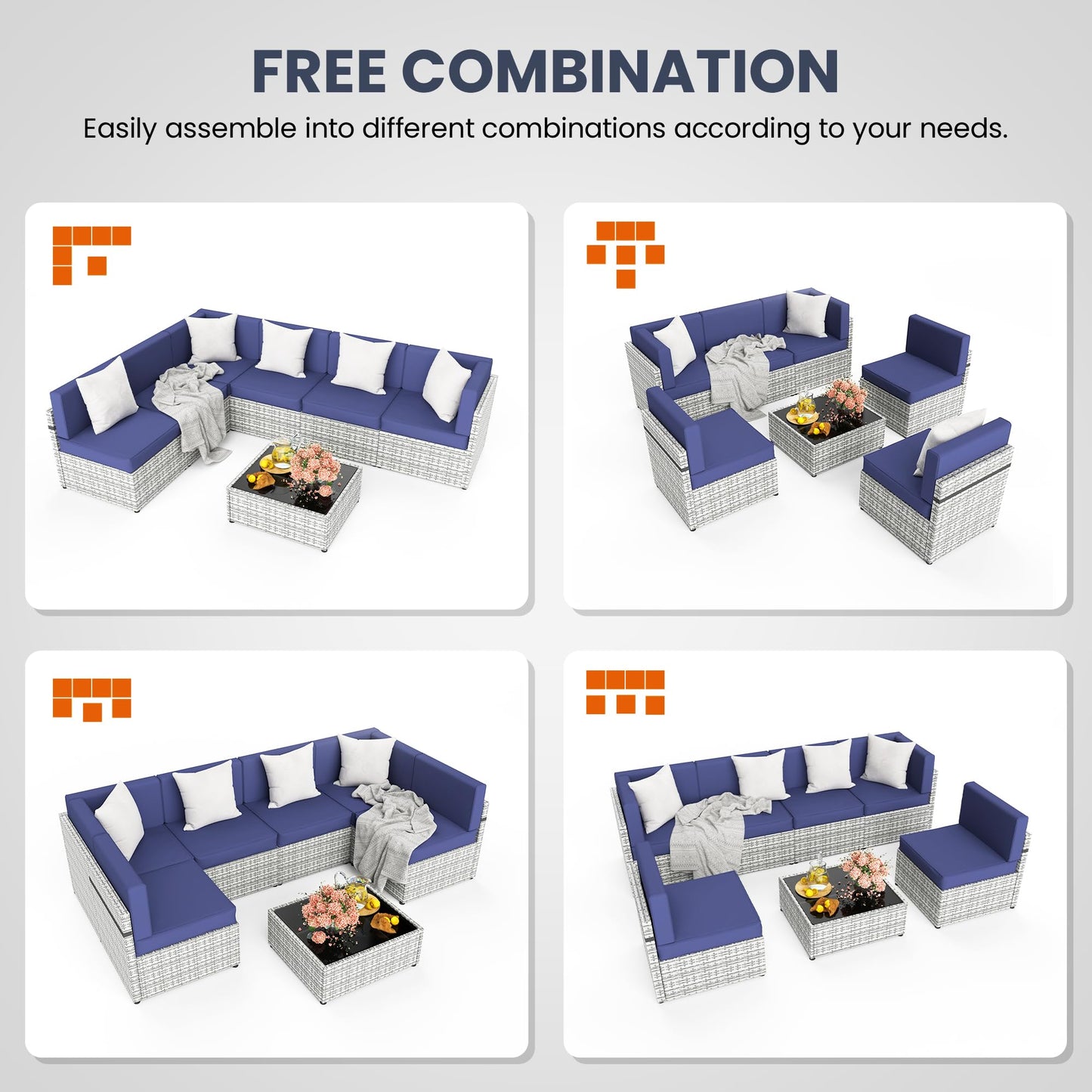 Pamapic 7 Piece Outdoor Sectional Sofa Set, All-Weather Patio Furniture with Washable Cushions, Waterproof Gray Rattan Wicker Conversation Set for Backyard, Poolside, Garden (Navy Blue Cushions)