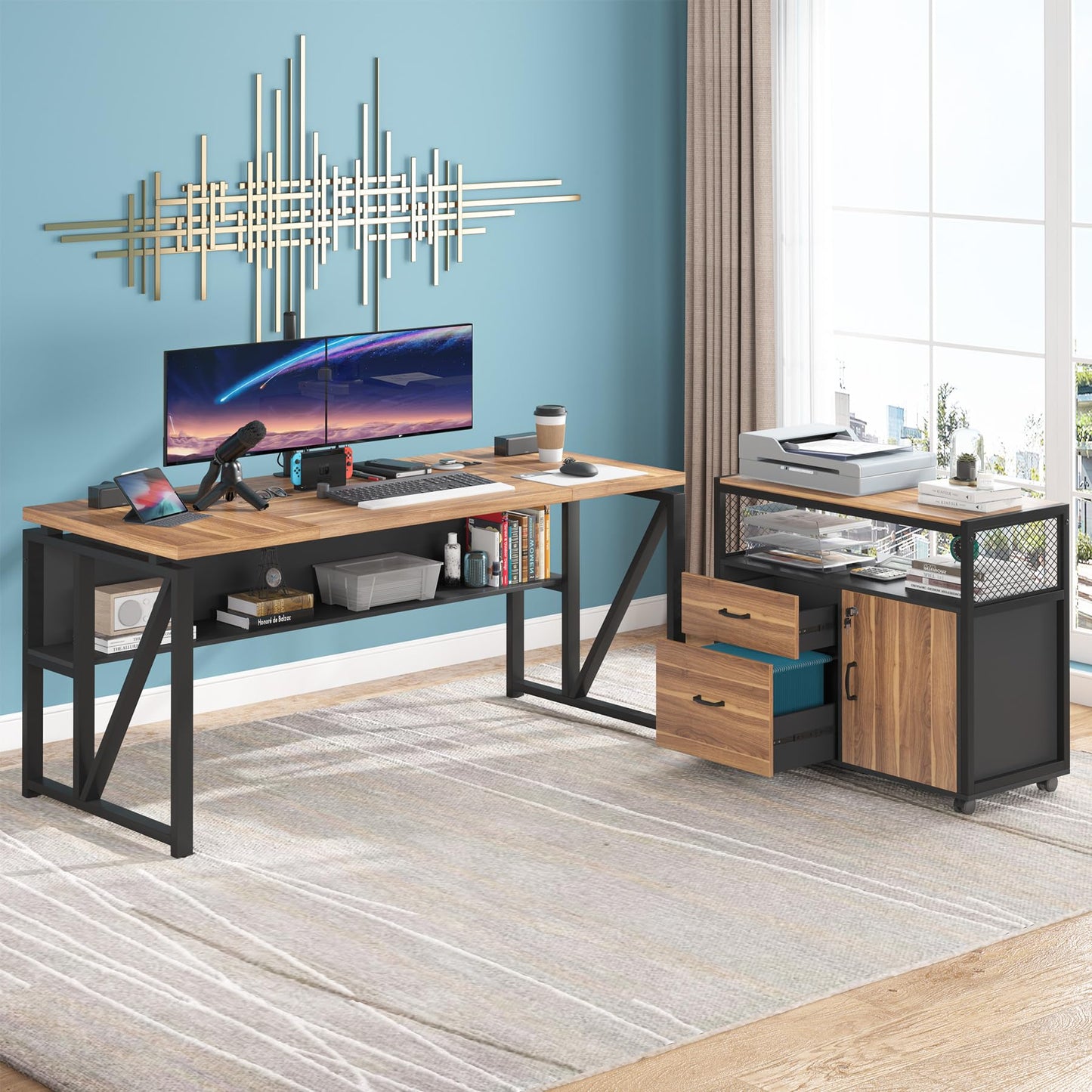 Tribesigns 63" Executive with Drawer Cabinet, L Shaped Desk and Lock lateral File Cabinet, 2 Piece Home Office Furniture Set with Drawers for Hanging File, (Brown, 63 inches)