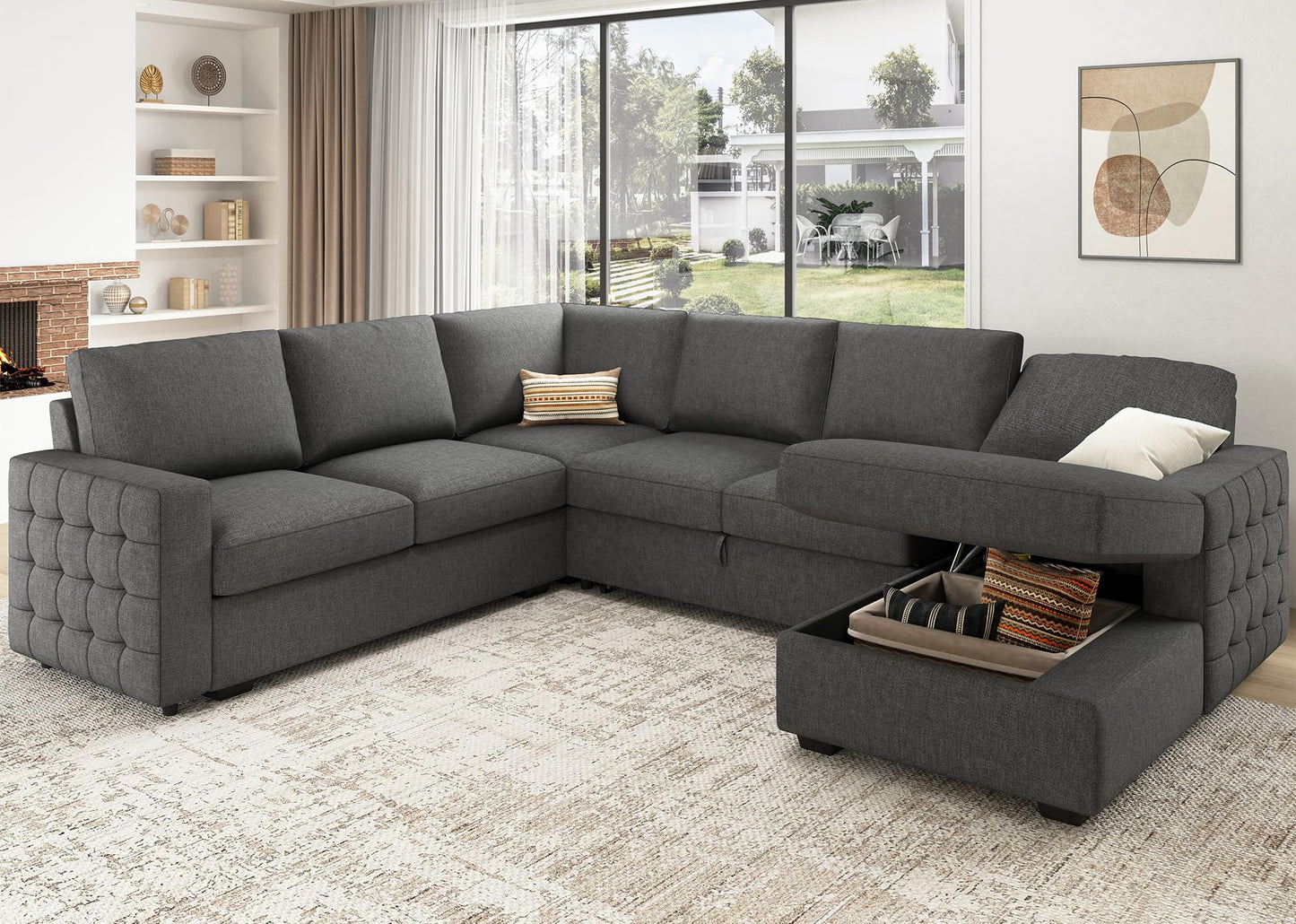 HONBAY Sectional Sleeper Sofa with Pull Out Bed U-Shape Sectional Couch Sleeper Bed with Storage Chaise 6 Seater Sleeper Sectional Sofa, Light Grey