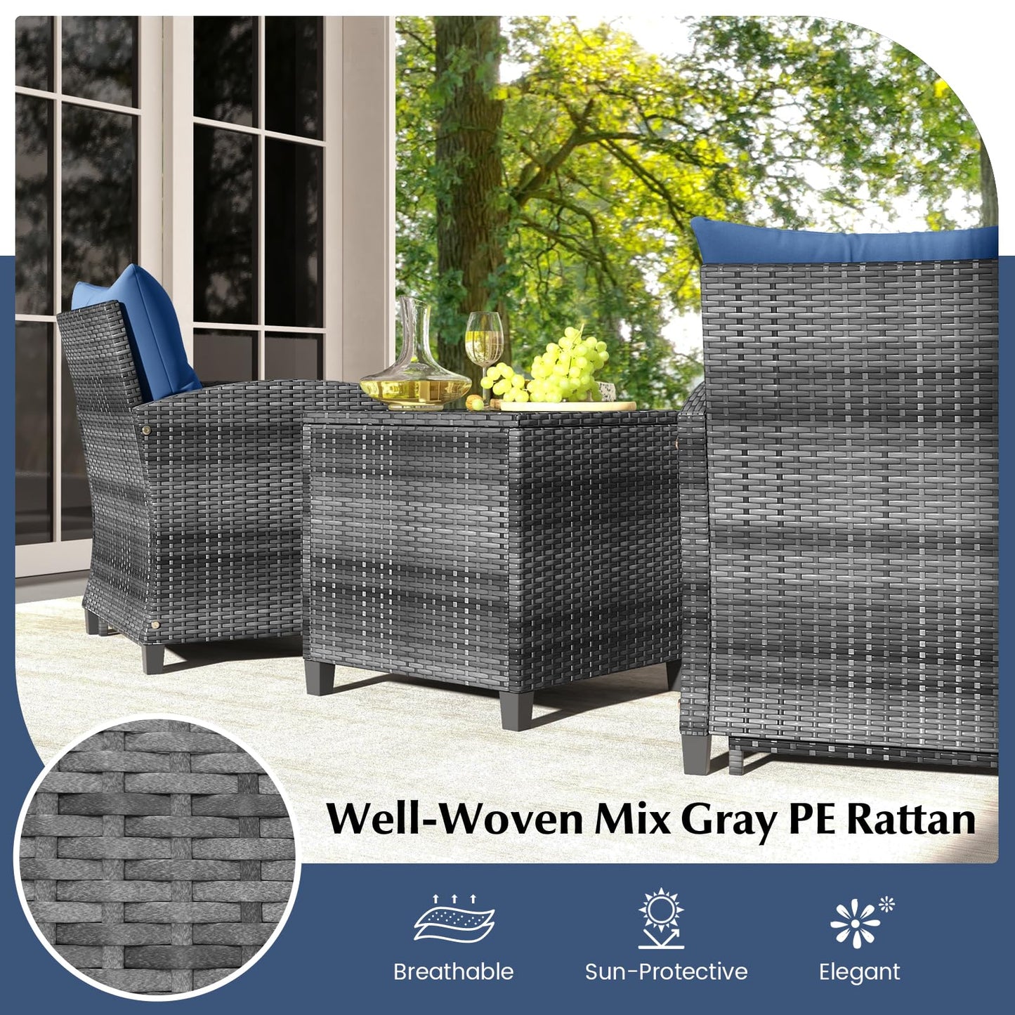 Tangkula 5 Pieces Patio Conversation Set, PE Wicker Rattan Outdoor Furniture Set with 2 Chairs, 2 Ottomans & Tempered Glass Coffee Table, Ideal for Poolside, Backyard, Lawn, Deck, Mix Grey & Navy
