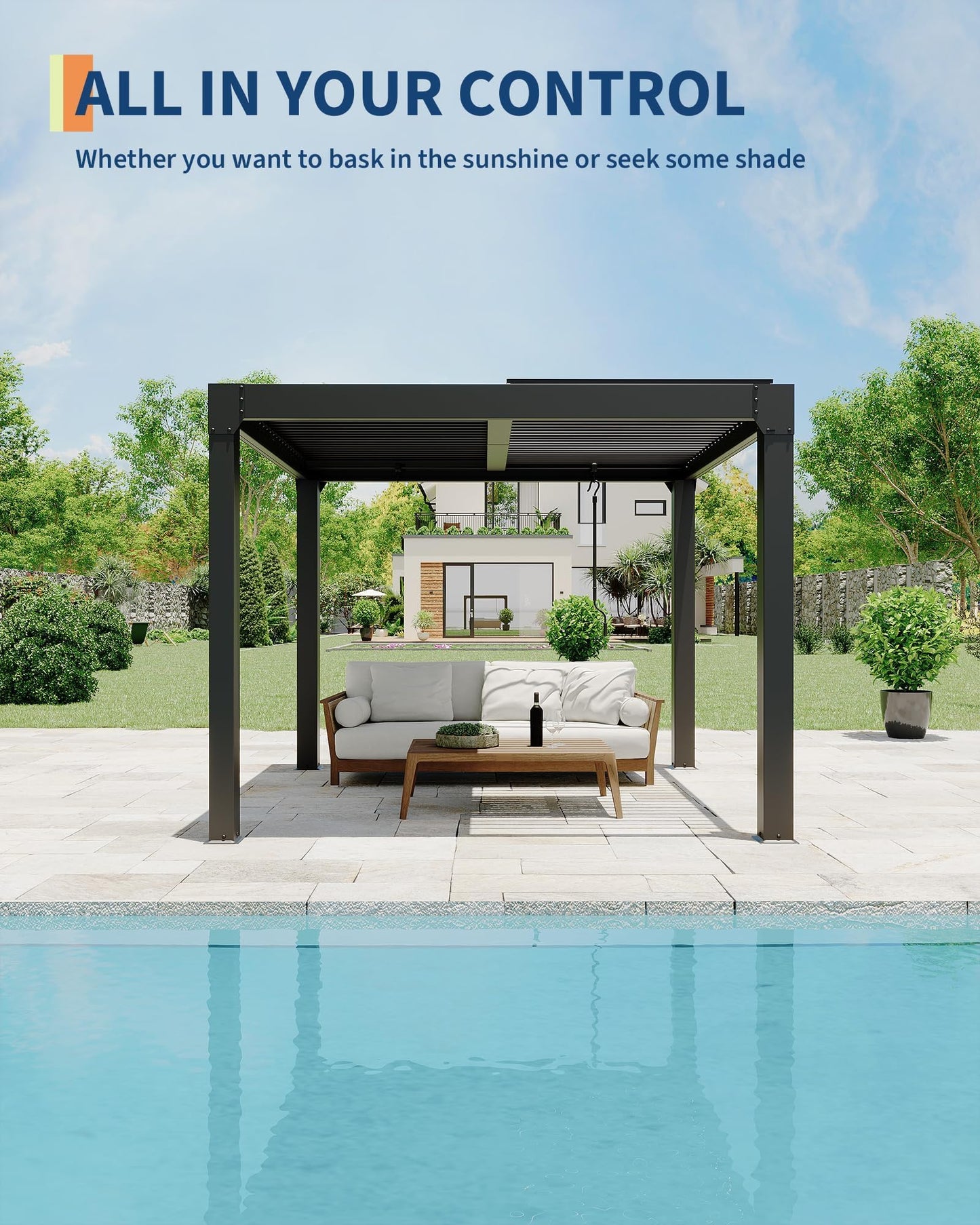 10x10 FT Louvered Pergola, Outdoor Aluminum Pergola with Adjustable Roof & Integrated Drainage System, Heavy Duty Hardtop Gazebo for Patio, Deck, Garden & Backyard