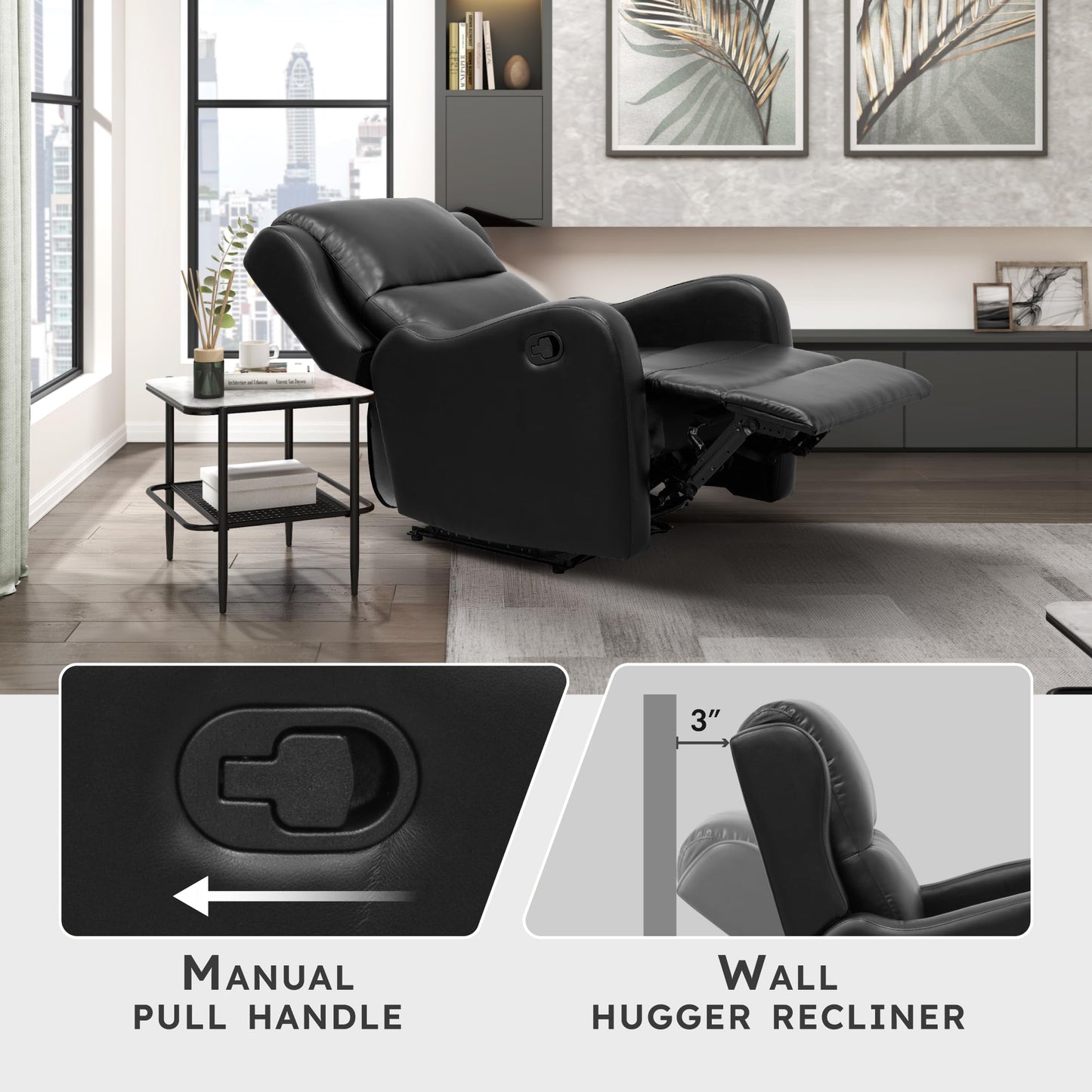 Lexicon Manual Recliner Chair, Reclining Sofa Chair, Home Theater Seating, Wall Hugger, Manual Recliner for Living Room/Office/Apartment, Easy Assembly, Black Faux Leather