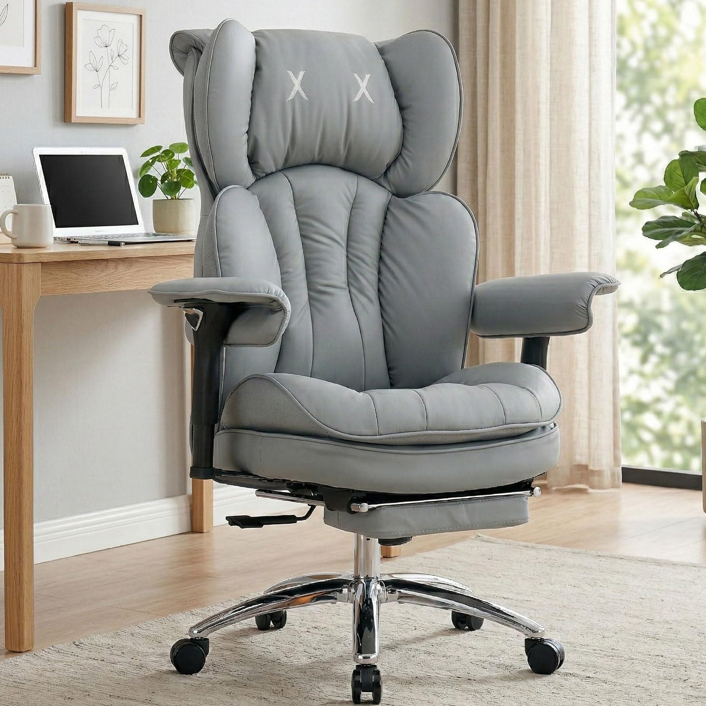 Efomao Big & Tall Executive Office Chair with Footrest - 400lbs Heavy Duty High Back PU Leather Desk Chair, Modern Ergonomic Reclining Computer Chair, Grey