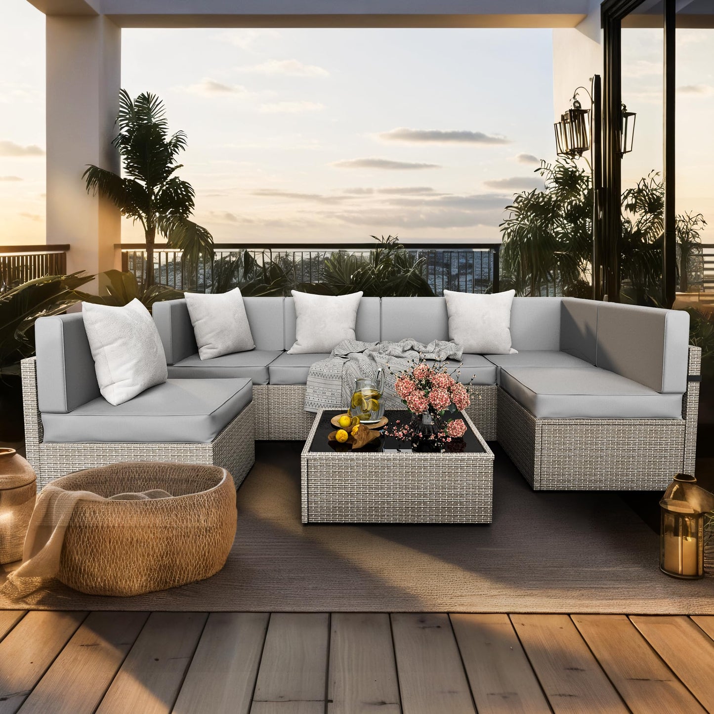 Pamapic 7 Piece Outdoor Sectional Furniture Set, All-Weather Wicker Patio Furniture with Washable Cushions, Waterproof Gray Rattan Conversation Sofa Set for Backyard, Poolside, Garden