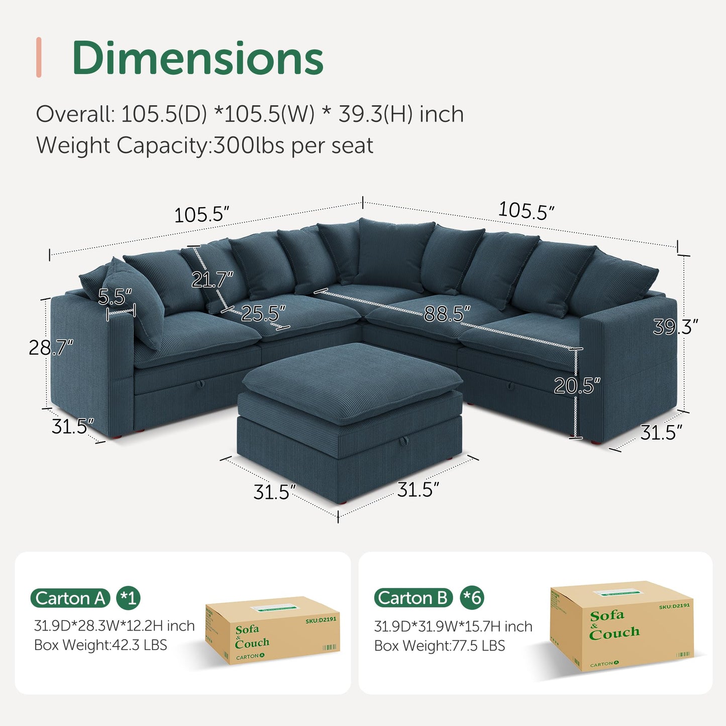 HONBAY Modular Sectional Sofa, 6 Seaters Corduroy Sectional Couchwith Ottoman, L Shaped Sofa with Storage & Pillows, Blue