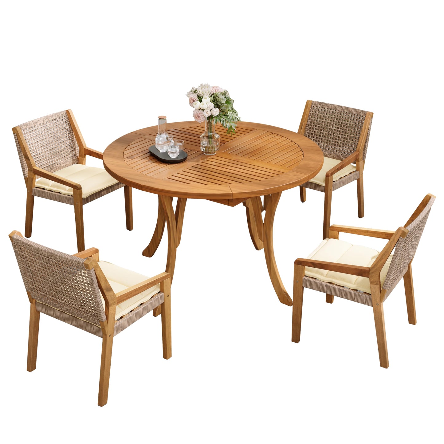 Christopher Knight Home Verle Wooden Patio Dining Set for 4, Acacia Wood Outdoor Dining Table Set for 4, 5 Piece Outdoor Dining Set with Round Table and Armchair with Seat Cushion, Teak+Beige