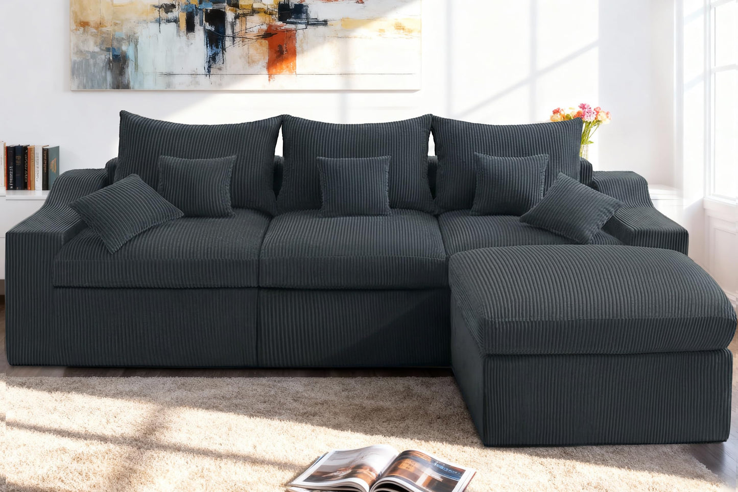 HABUTWAY 104" L Shaped Cloud Sectional Couch, Boneless Modular Sectional Sofa with Deep Seat, Corduroy Couches for Living Room, Modular Couch, No Assembly Required (Grey)