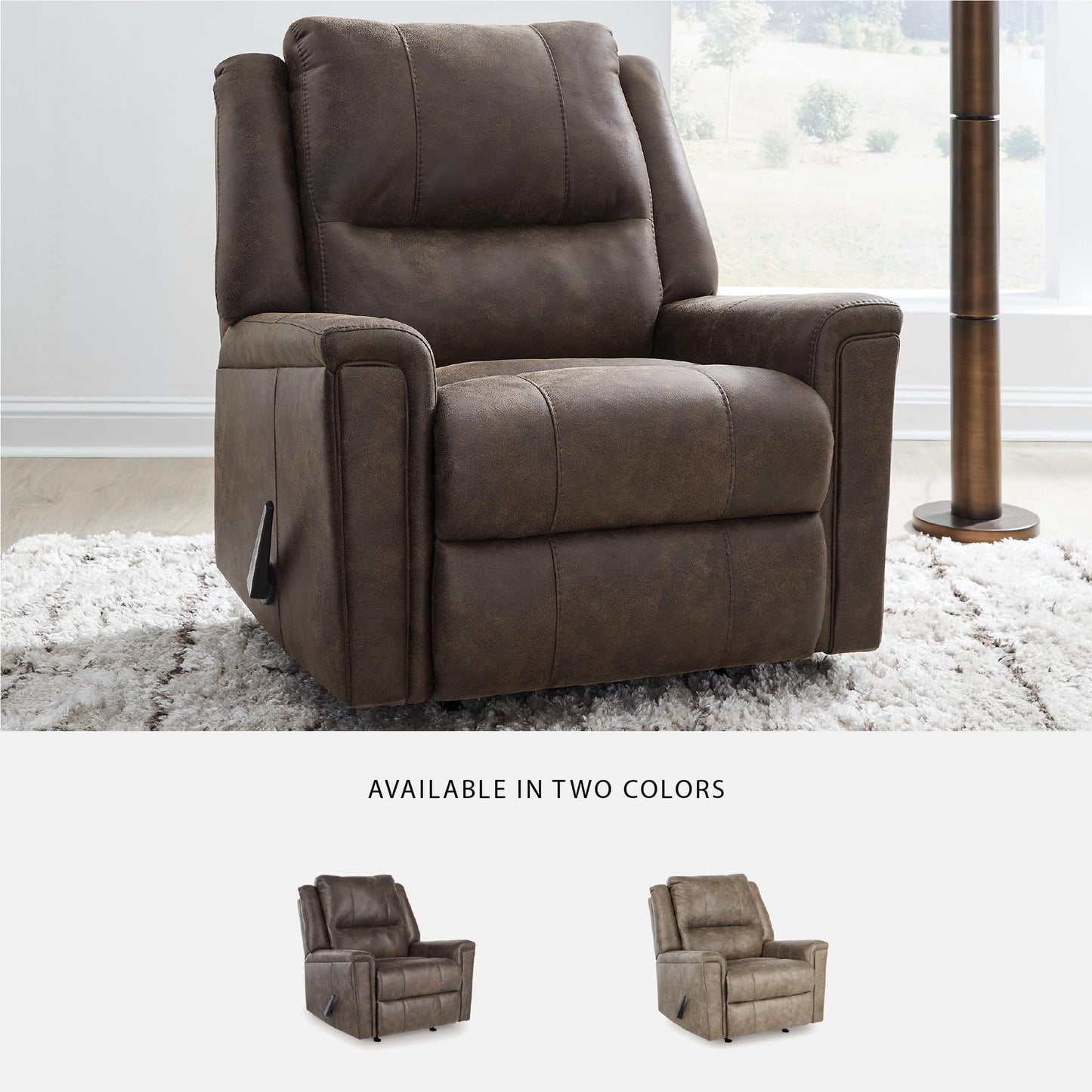 Signature Design by Ashley Skymaker Modern Faux Leather Manual Rocker Recliner with Track Arms, Dark Brown