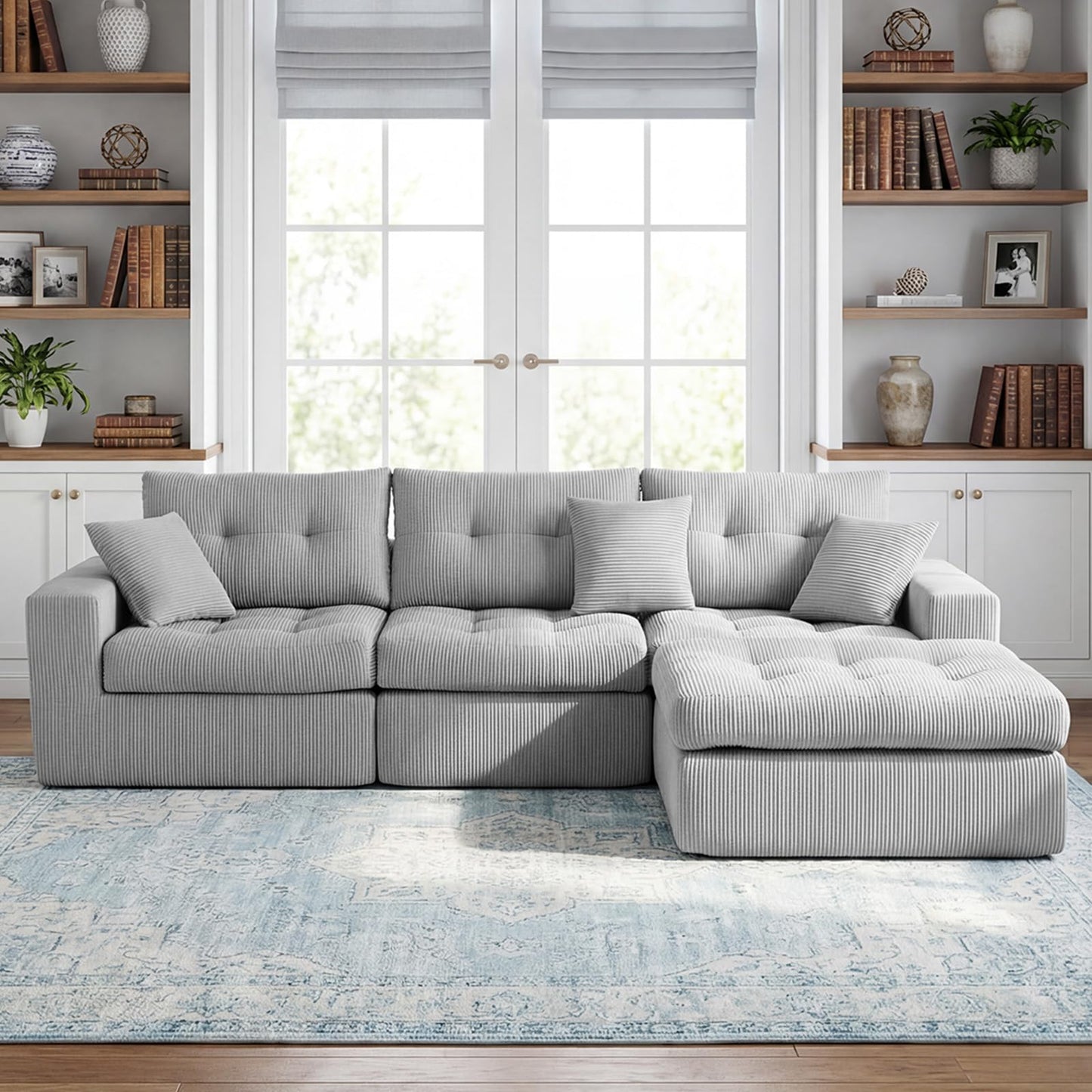 113-Inch L-Shaped Modular Corner Cloud Sofa Corduroy Tufted Foam Sectional with Deep Seat, 4 Pieces Compressed Boneless Sofa Couch with Movable Ottoman & 4 Toss Pillows