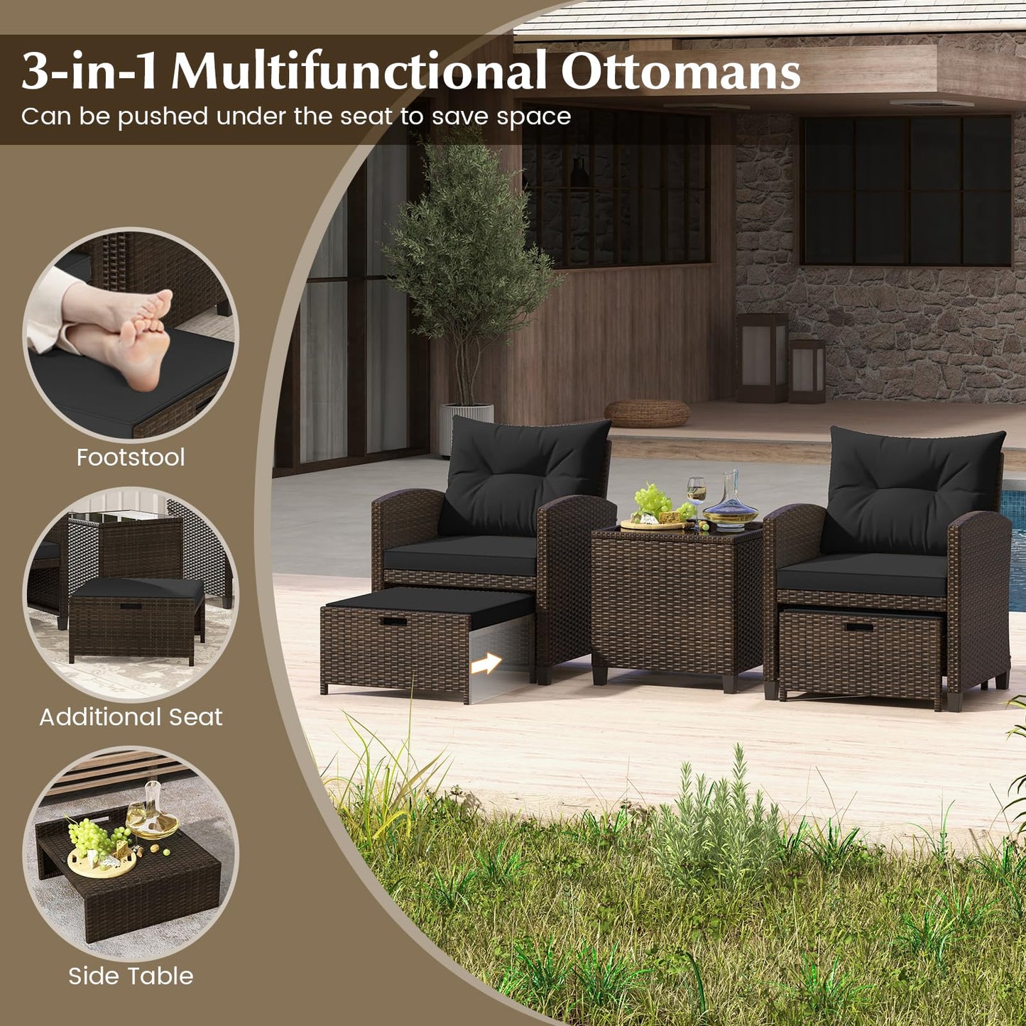 Tangkula 5 Pieces Patio Conversation Set, PE Wicker Rattan Outdoor Furniture Set with 2 Chairs, 2 Ottomans & Tempered Glass Coffee Table, Ideal for Poolside, Backyard, Lawn, Deck, Mix Brown & Black