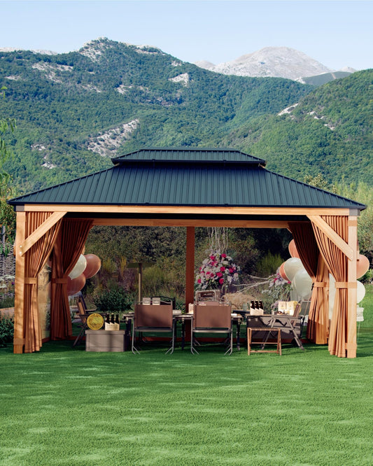 10x12 ft Hardtop Wood Gazebo for All Weather, Double Metal Roof, Heavy Duty Cedar Frame, Curtains & Netting, Permanent Outdoor Pavilion for Patio, Deck, Backyard, Lawn, Garden, Khaki