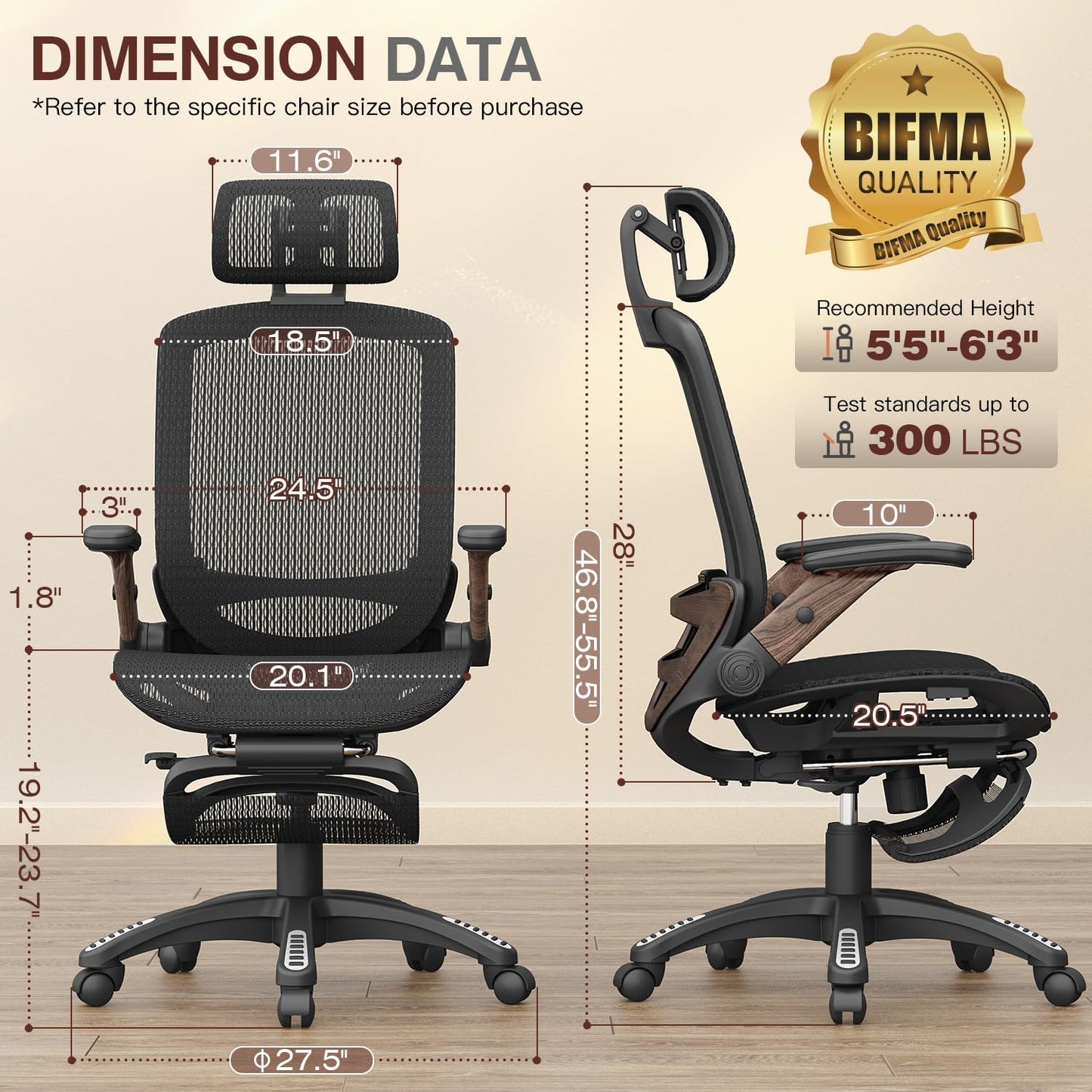 GABRYLLY Ergonomic Office Chair with Footrest, High Back Mesh Computer Chair with Flip-Up Arm, 3D Headrest, 135° Reclining, Rolling Gaming Task Chair with Wide Seat Lumbar Support,300LBS