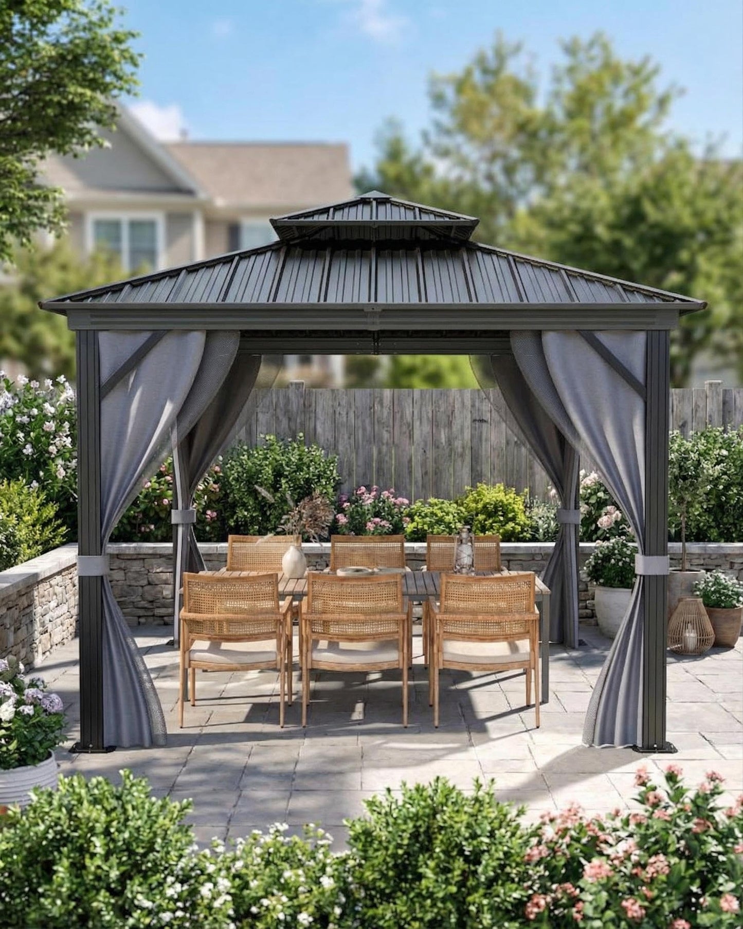 12'X12' Hardtop Gazebo, Galvanized Steel Aluminum Frame with Double Roof, Heavy-Duty Outdoor Patio Gazebo with Curtains & Netting for Backyard, Deck, Porch, Garden, Lawn, Grey