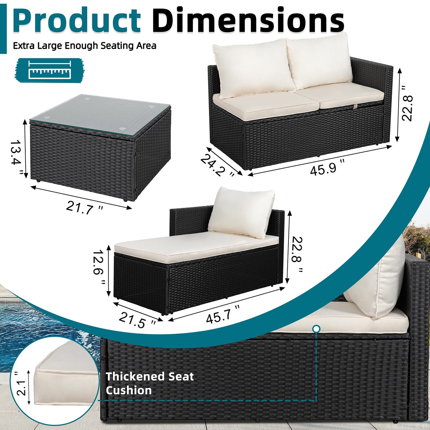 SUNLEI Patio Furniture Set with Detachable Soft Cushions, Outdoor PE Rattan Patio Conversation Sofa Set, 3-Piece Patio Sectional Sofa with Glass Coffee Table, Black Rattan/White