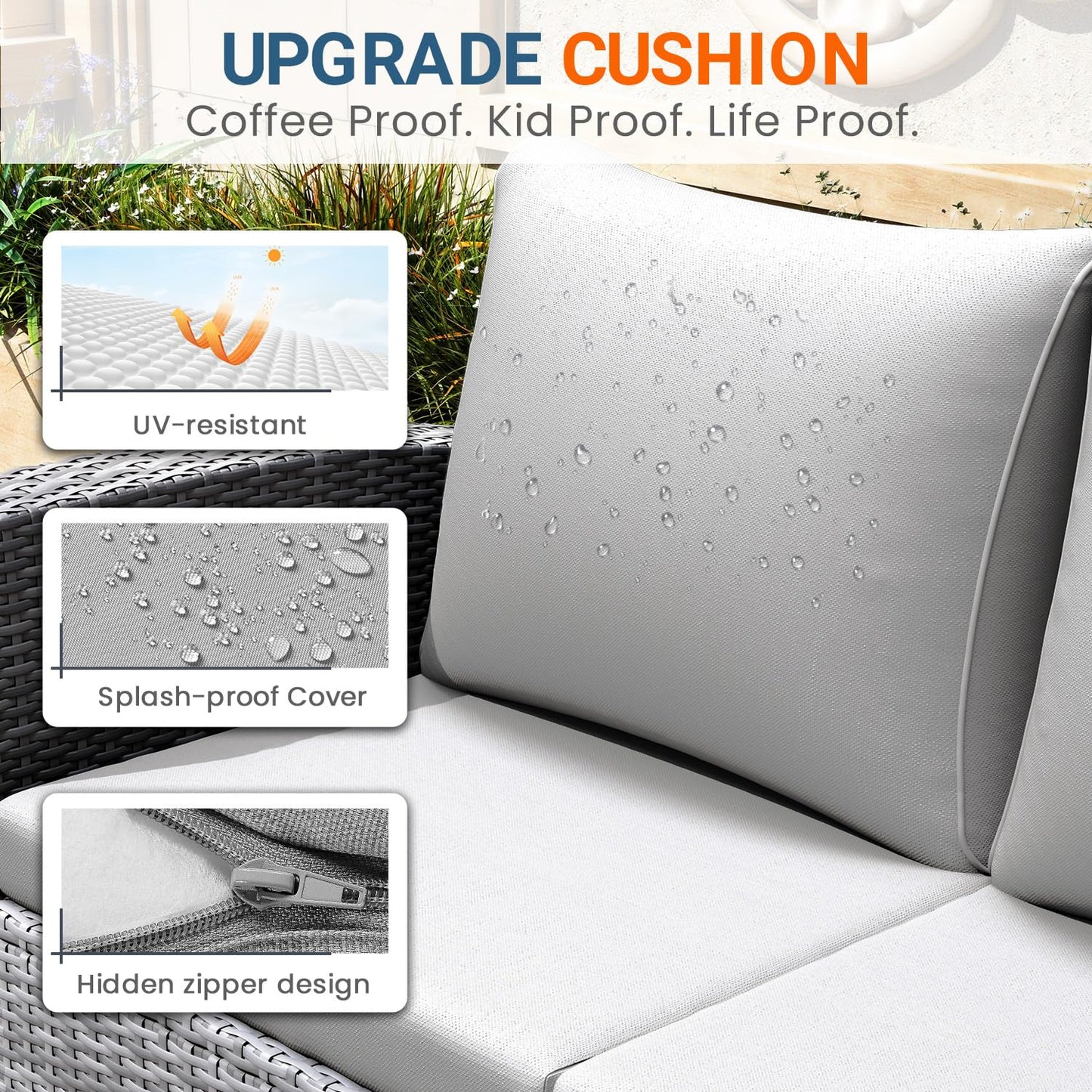 Wisteria Lane Patio Furniture Set, Wicker Outside Outdoor Furniture for All Weather, Patio Sofa with High Backrest Support and Wide Armrest for Backyard, Balcony, Deck, Porch, Light Gray