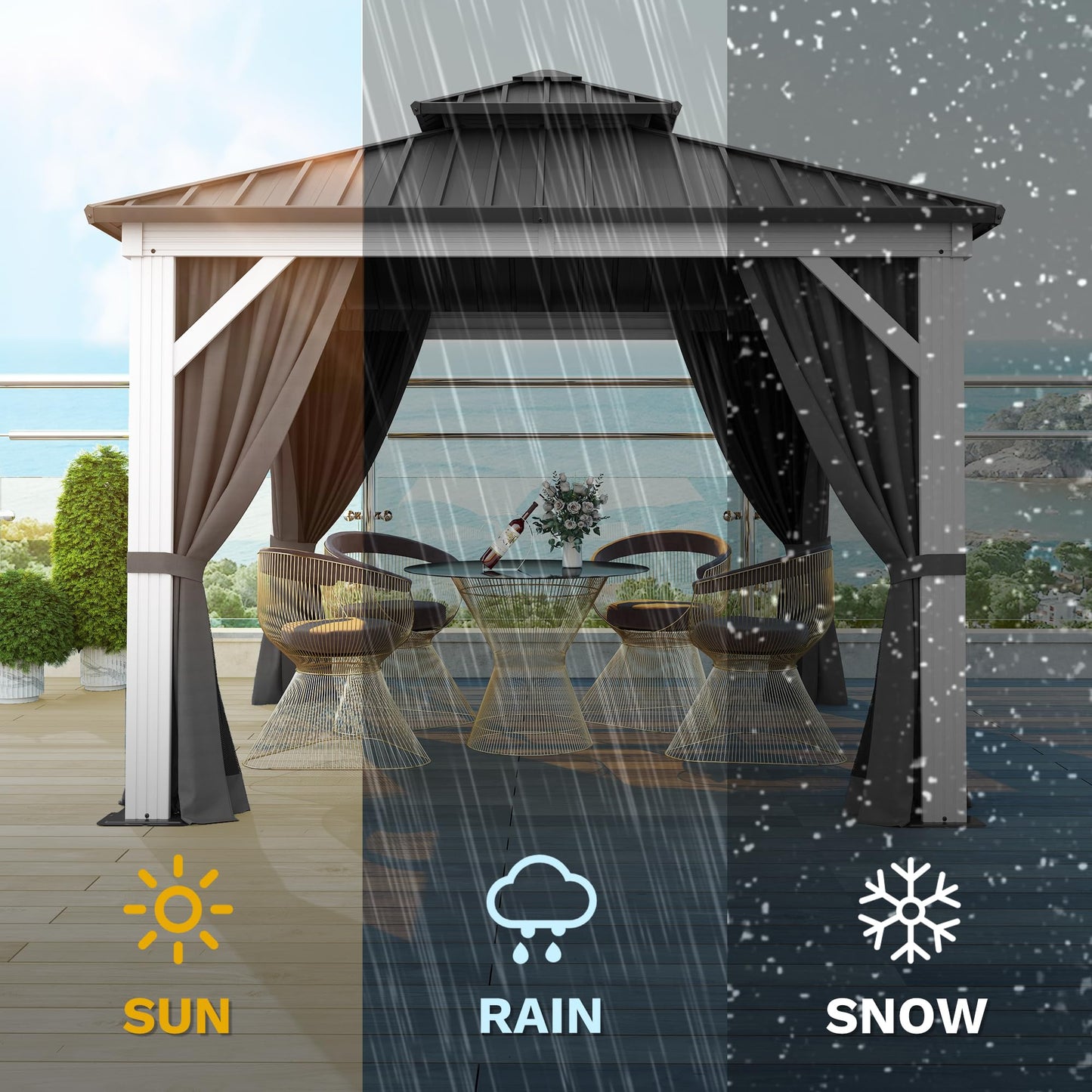 DWVO 10x10ft Hardtop Gazebo Double Roof Canopy Outdoor Galvanized Roof Aluminum White Gazebo with Netting and Curtain Garden Tent for Patio, Backyard Deck