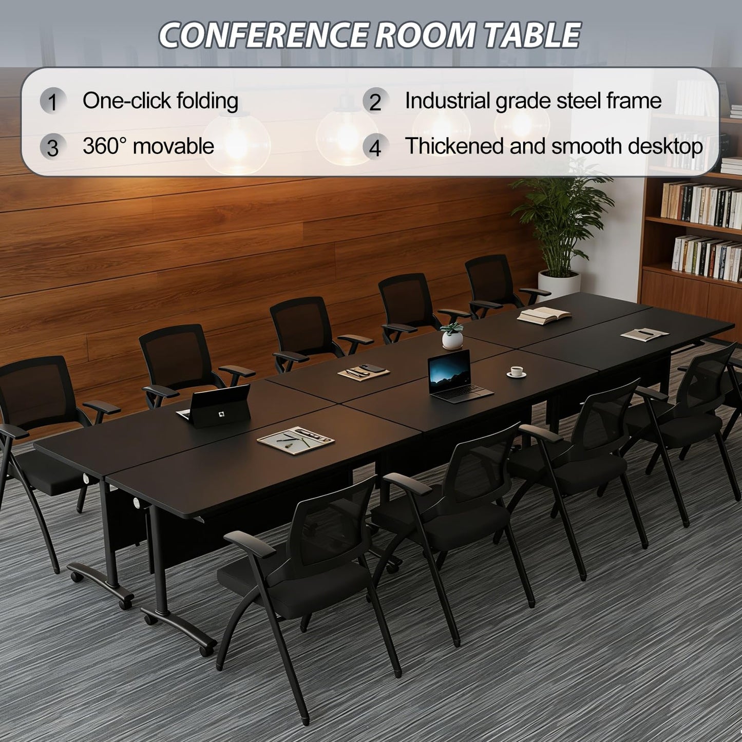 Conference Room Table with Wheels 6ft Folding Modular Large Black Conference Table Foldable Modern Rectangle Training Meeting Tables for Classroom Office(8, Black, D 55")