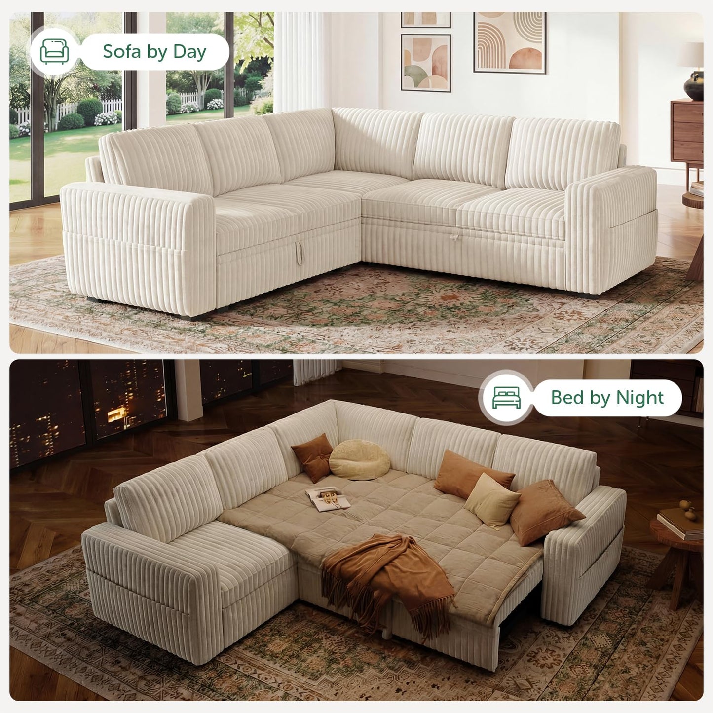 HONBAY Modular Sectional Sleeper Sofa with Pull Out Bed,Corduroy L Shaped Couch with Storage, Sectional Couches for Living Room,Beige