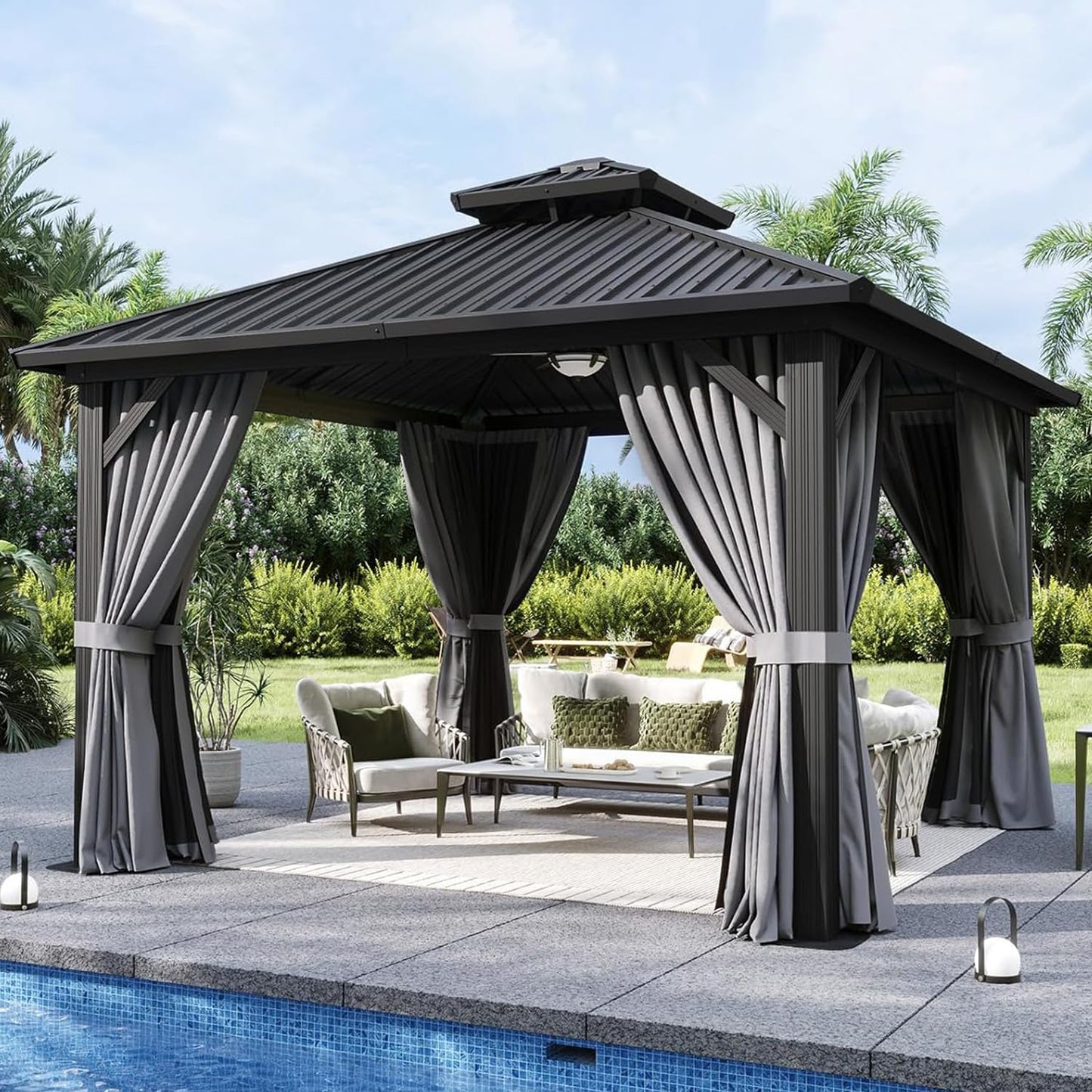 Aoxun 12'x12' Hardtop Gazebo, Metal Frame Canopy with Double Galvanized Steel Roof, Outdoor Metal Pavilion with Netting, Curtains for Backyard, Patio and Deck