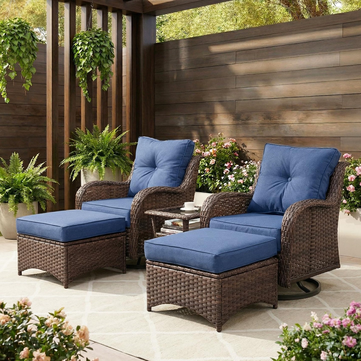 SAILARY Patio Furniture Set, 5PCS Outdoor Wicker Conversation Set with 6" Thick Cushions, High Back Swivel Rocker Chairs, Weather Resistant Olefin Fabric for Garden, Poolside, Navy Blue