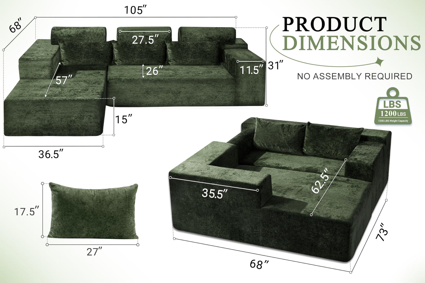 HABUTWAY 105" L-Shape Modular Sectional Sofa Couch for Living Room,No Assembly Required,Modular Comfy Sofa with Deep Seat for Living Room Bedroom,Luxury Distressed Velvet(Left,Green)
