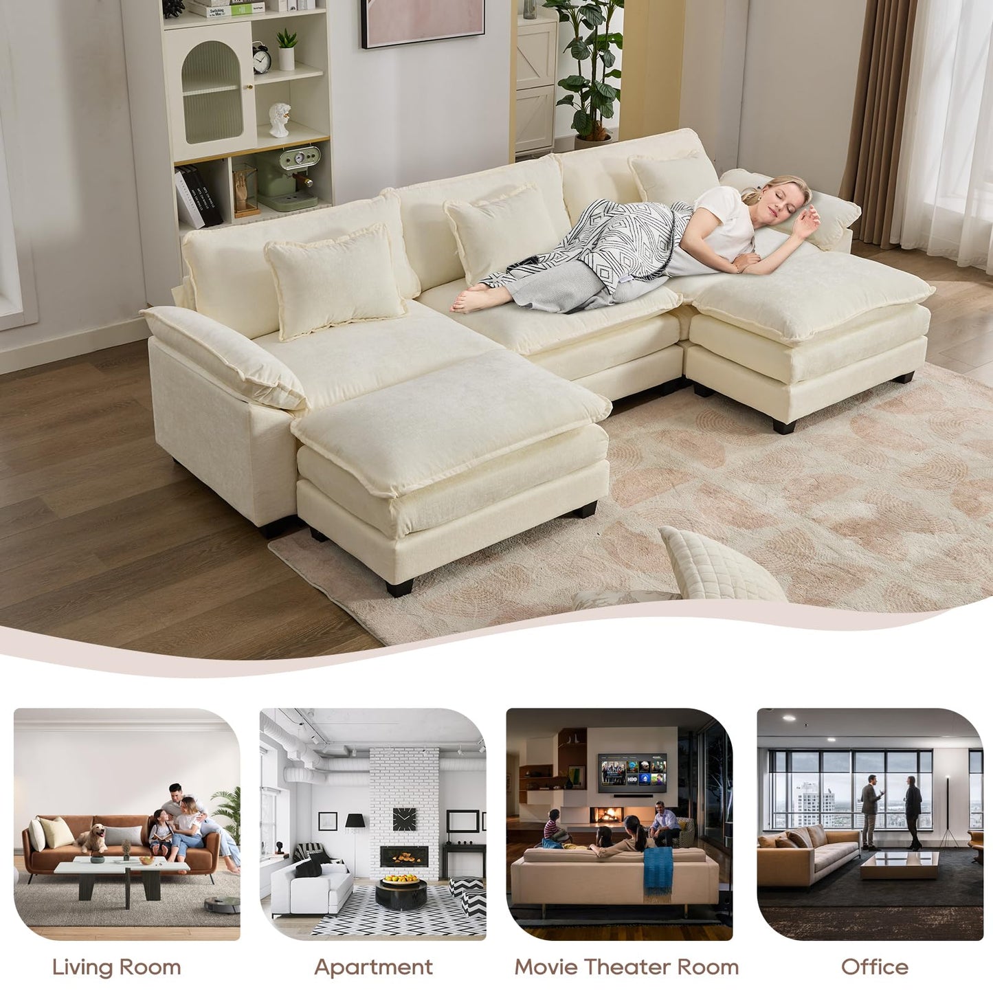 IPKIG 117" Sectional Sofa Cloud Couch, Modern Chenille U-Shaped Couch Comfy Upholstered 3-Seat Sofa with 2 Ottoman, 3 Lumbar Pillow, Deep Seat Modular Sofa for Living Room, Apartment, Studio