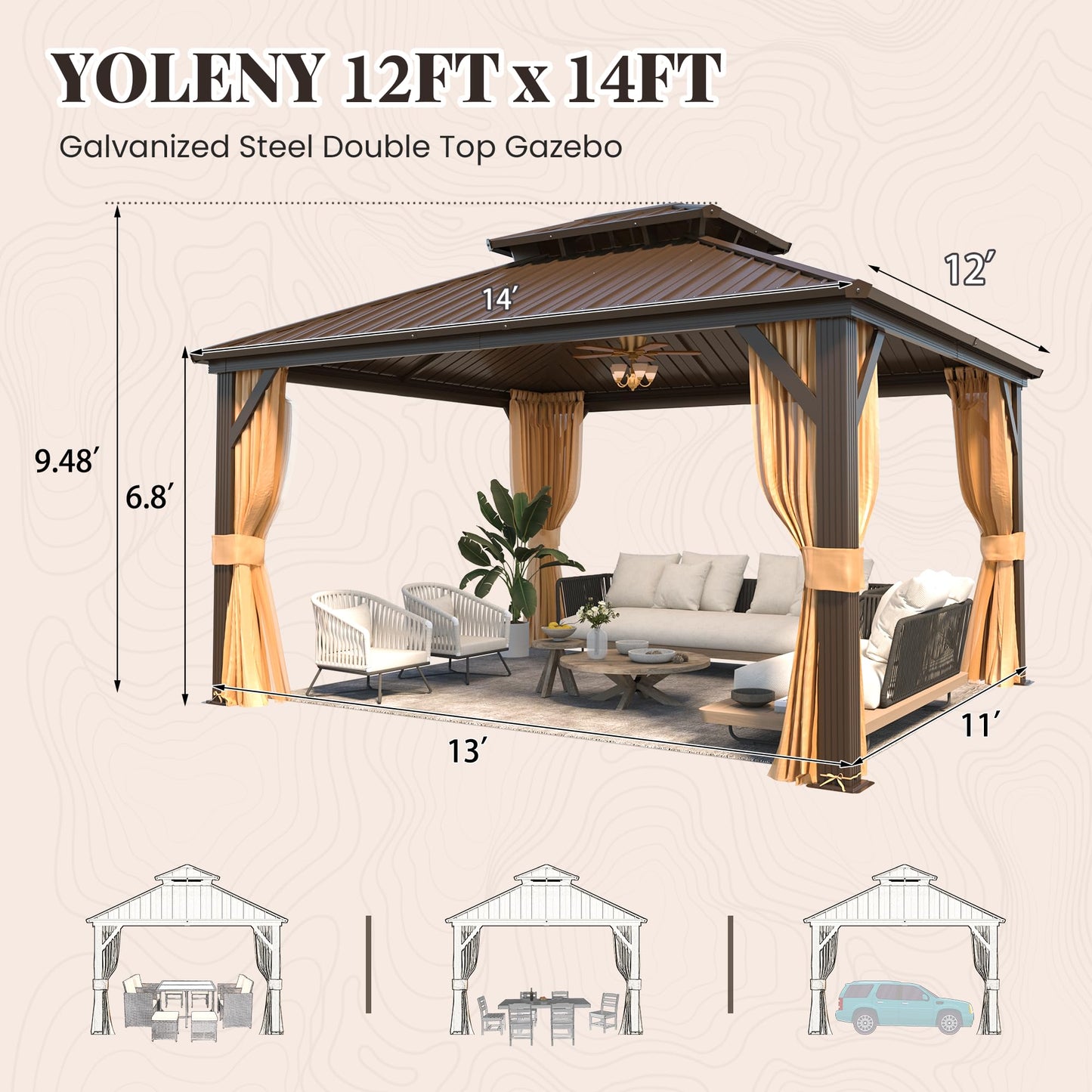 YOLENY 12' x 14' Gazebo, Hardtop Gazebo with Aluminum Frame, Double Galvanized Steel Roof, Curtains and Netting Included, Metal Gazebos Pergolas for Patios, Garden, Parties, Lawns