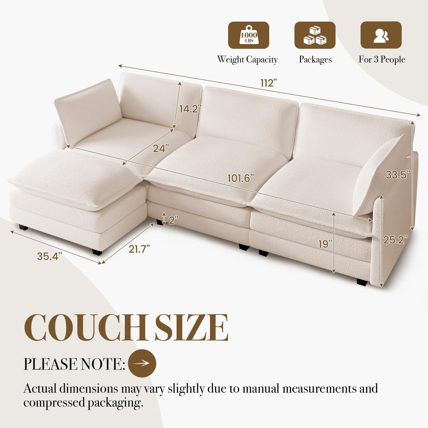 ROWHY 112'' Modular Sectional Cloud Couch with Movable Ottoman, 4 Seat Modern Chenille Sofa with 2 Throw Pillows, Deep Seat L Shaped Couch for Living Room Bedroom Apartment, Beige
