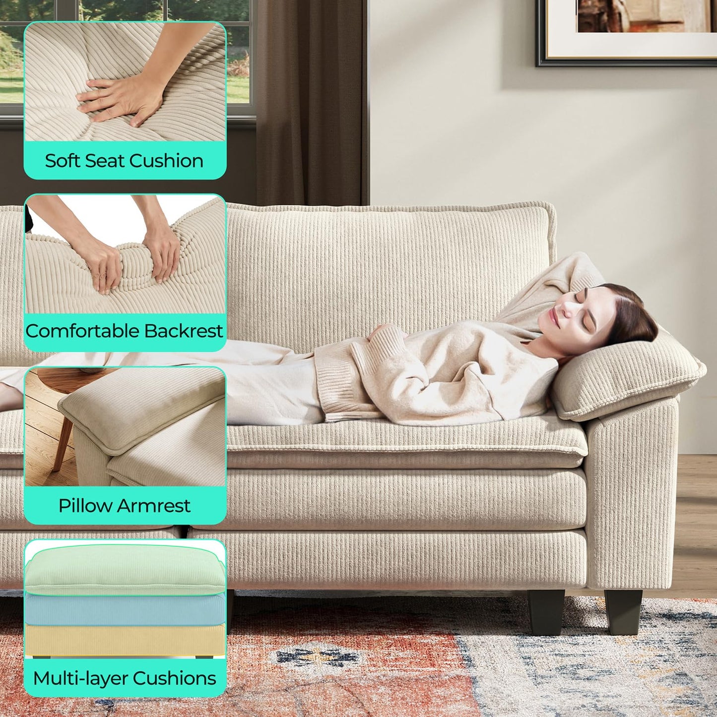 LINSY HOME 157'' Modular Sectional Sofa Beige Couch Corduroy Cloud Couches for Living Room, U Shaped Couch with Movable Ottoman, Modern Cloud Sectional Sofas for Bedroom and Apartment, Beige