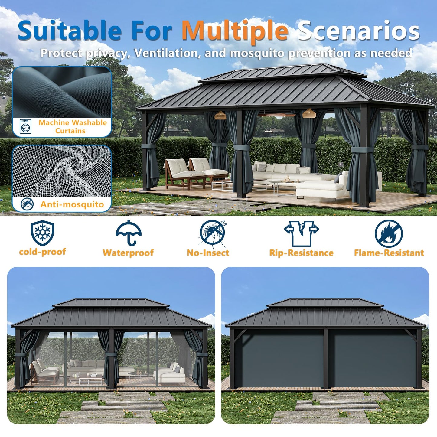 HOTEEL 12x20 Hardtop Gazebo on Clearance with Metal Roof, Heavy Duty Galvanized Steel Patio Hard Top Gazebos, Outdoor Permanent Screened in Gazebo with Curtains, for All-Weather, Backyarad, Black(Pro)