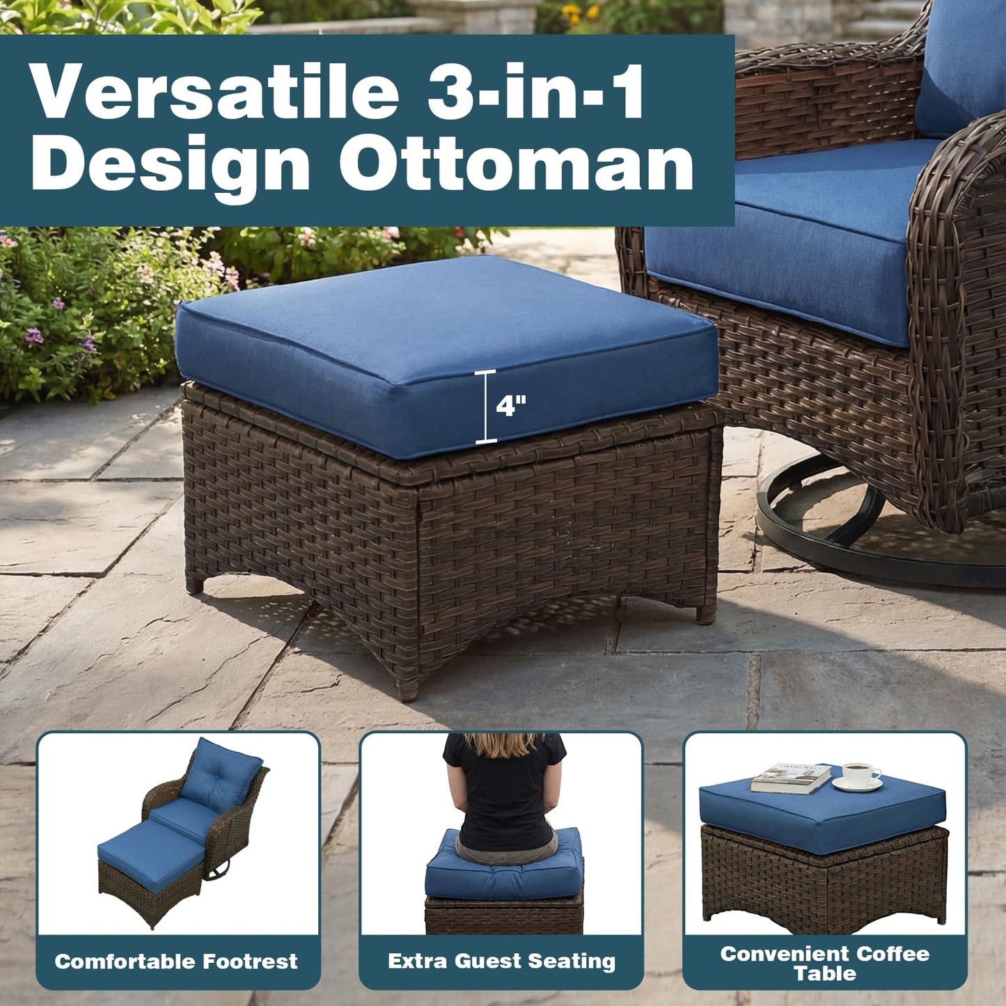 SAILARY Patio Furniture Set, 10PCS Outdoor Wicker Conversation Set with 6" Thick Cushions, High Back Rattan Sofa & Swivel Rocker Chairs, Weather Resistant Olefin Fabric for Garden, Poolside, Navy Blue