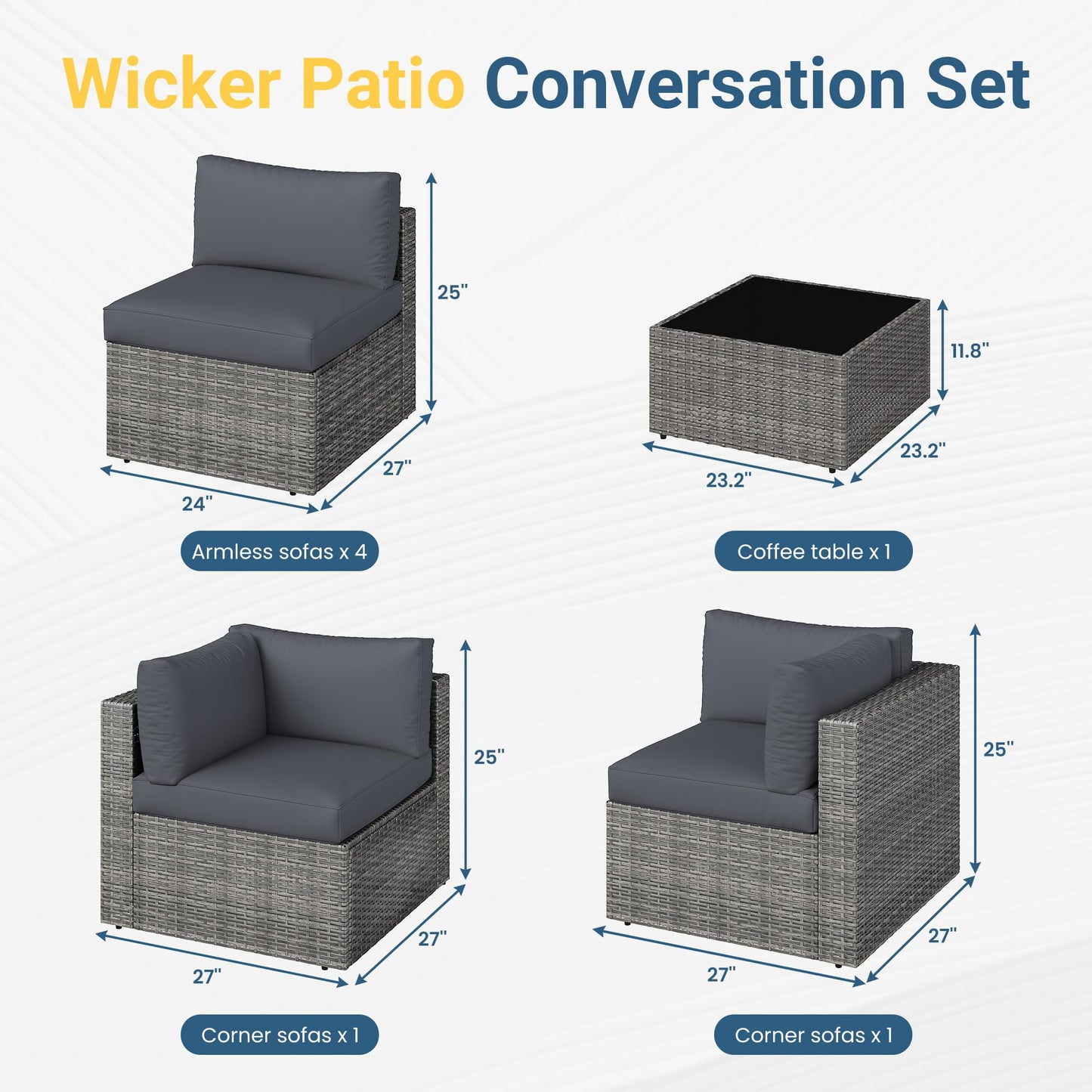 Wisteria Lane 7 Pieces Outdoor Patio Furniture Set, Wicker Outdoor Patio Sectional Sofas with Coffee Table, All-Weather Patio Conversation Set for Garden Backyard, Grey
