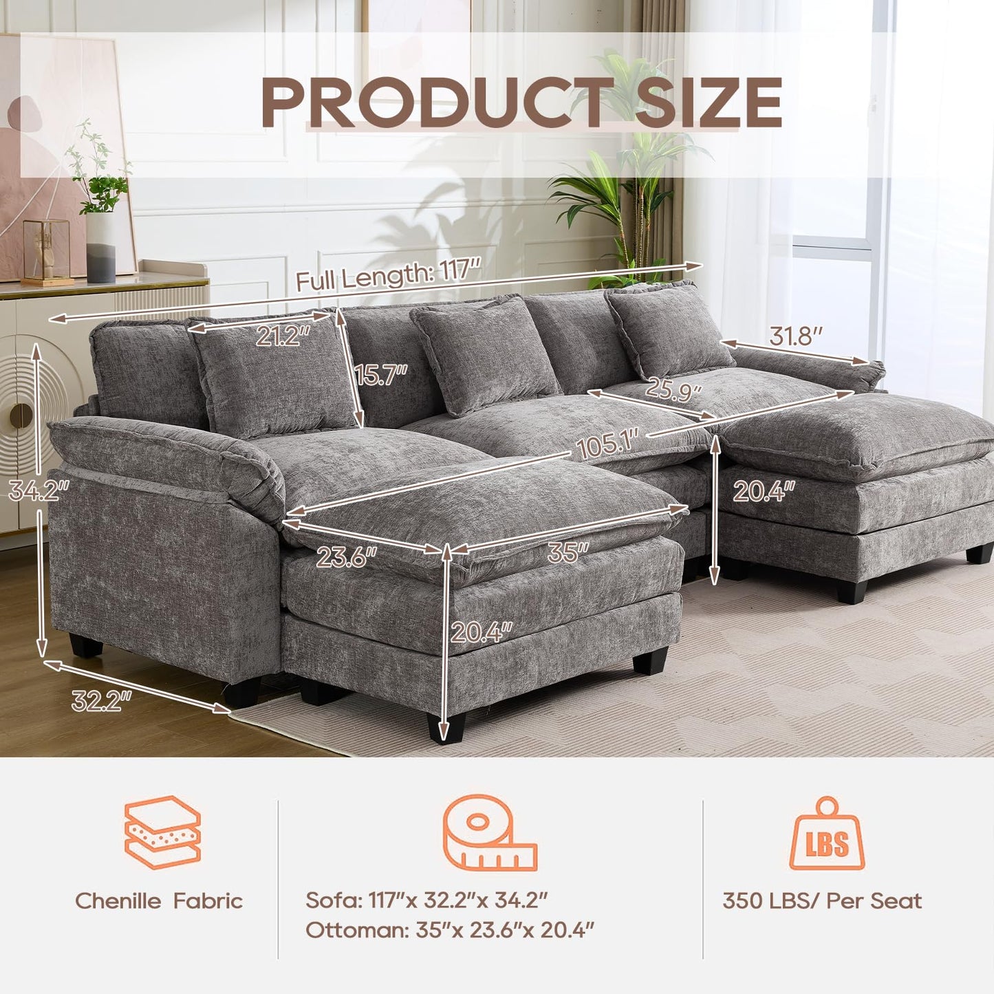 IPKIG 117" Modular Sectional Sofa, Chenille U-Shaped Sectional Couch Comfy Upholstered 3 Seat Sofa with 2 Ottoman, 3 Lumbar Pillow, Deep Seat Cloud Couch Sofa for Living Room, Light Grey